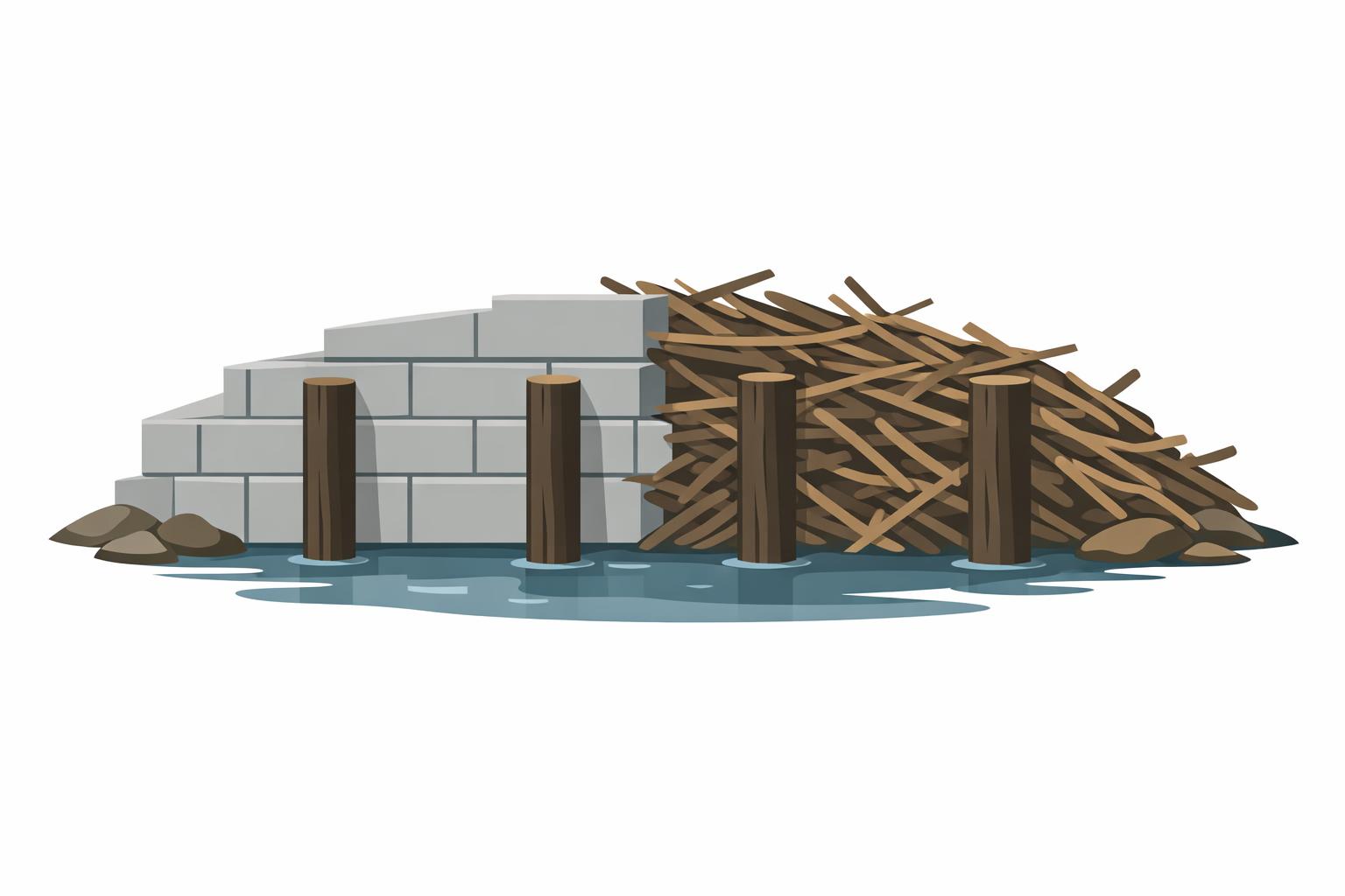 Beaver dam under construction with strong support pillars beside loose twigs, symbolizing emerging AI champions