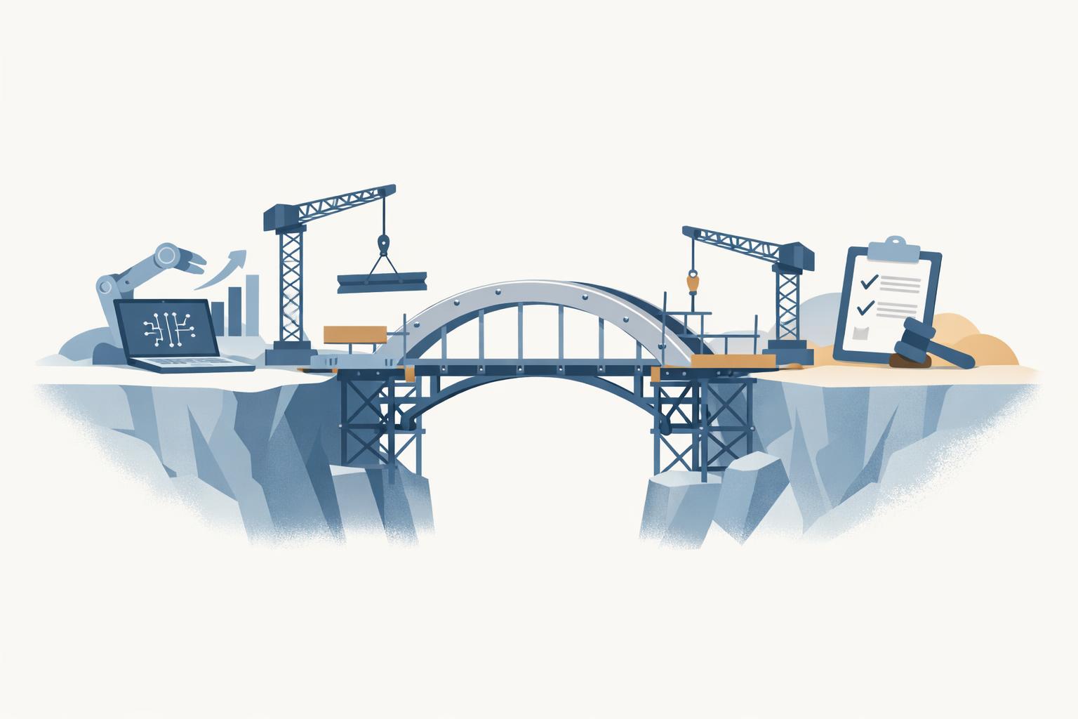 Partially built bridge linking business AI rollout and works council approval, symbolizing compliant implementation