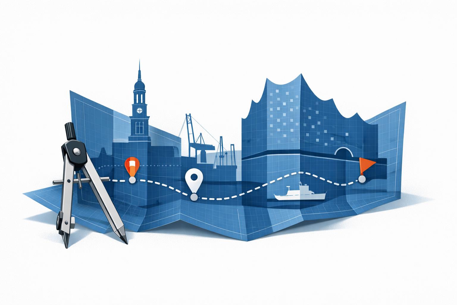 Hamburg hackathon planning blueprint with harbor skyline, compass, and route markers guiding follow-through