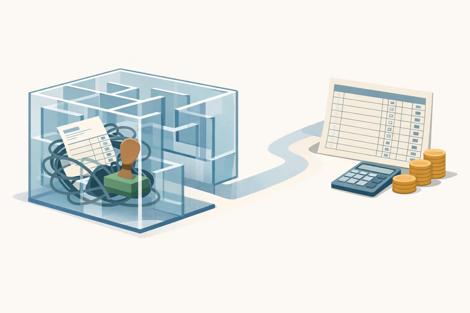 Tangled invoice and approval stamp in a glass maze opening to an organized ledger page, showing finance workflow automation