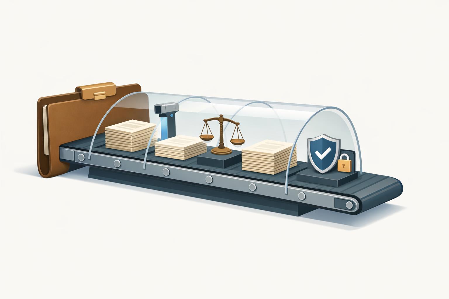 Legal brief folder turned conveyor belt with audited checkpoints under a protective shield for safe AI legal [workflows](/ai-workflows-for-finance-teams-month-end-reporting/)
