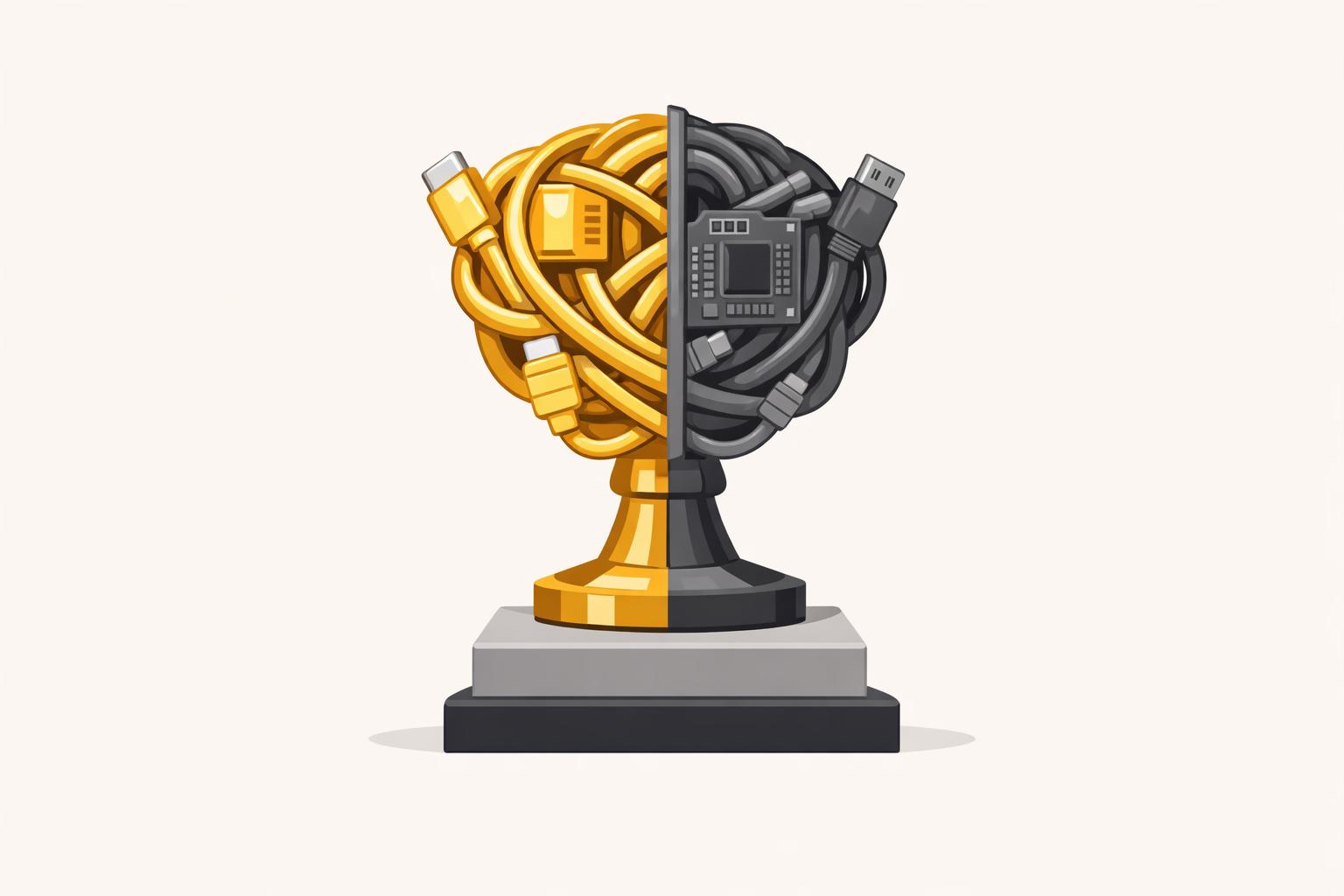 trophy split between flashy demo and practical outcome on pedestal