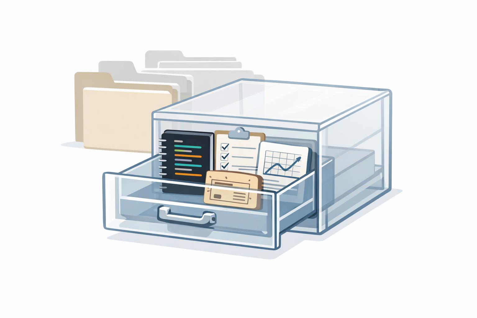 Transparent filing cabinet with project artifacts proving AI candidate experience over empty folders