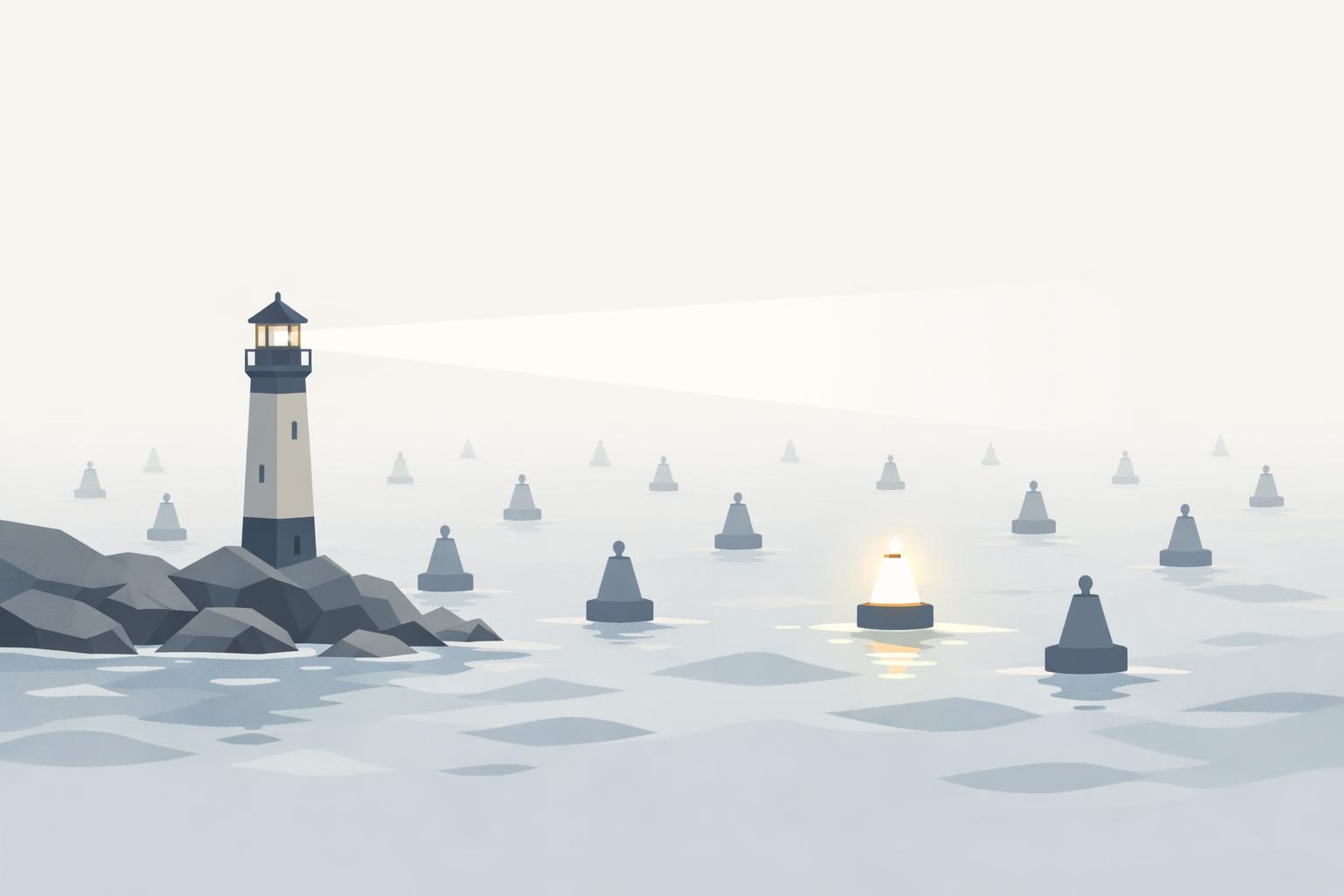 lighthouse beam revealing a glowing buoy as the hidden AI champion among dim teammates