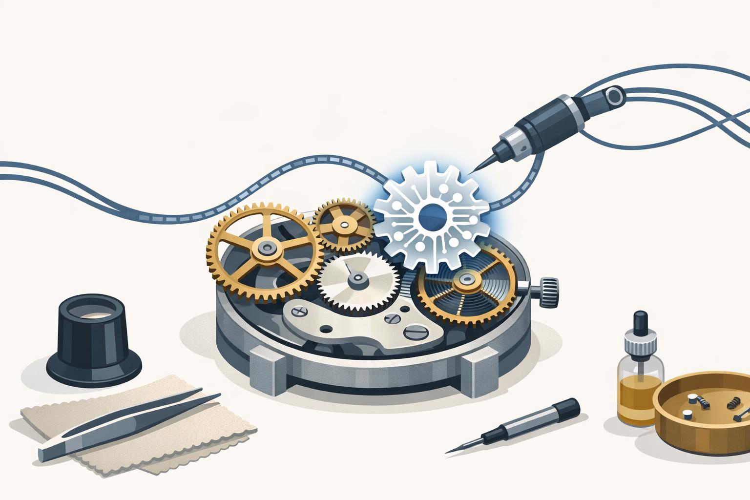AI gear fitted into a mechanical coding workflow, symbolizing measured integration without replacing the existing process