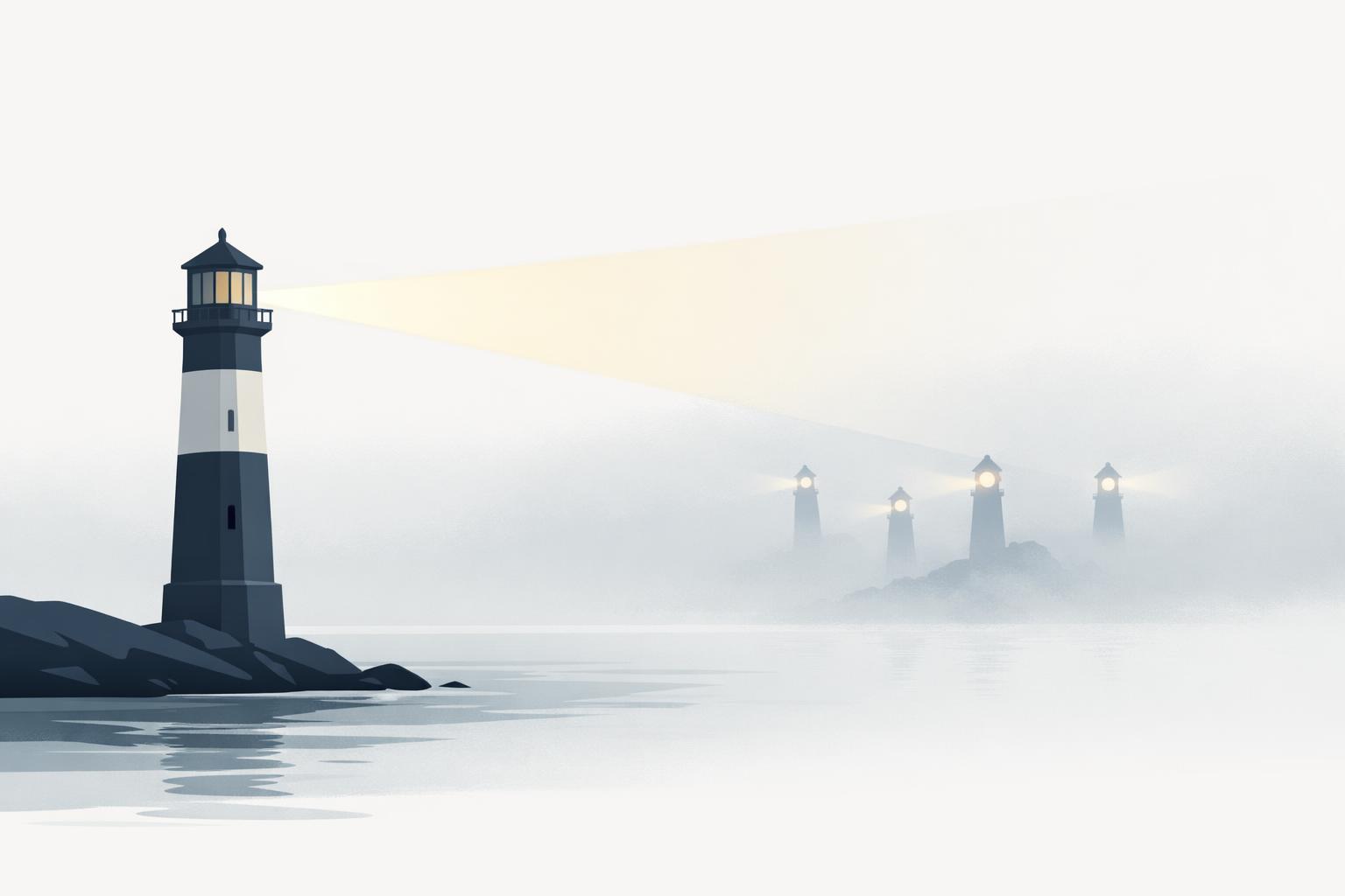 Lighthouse guiding distant beacons through fog, symbolizing internal AI champions leading adoption without surveys