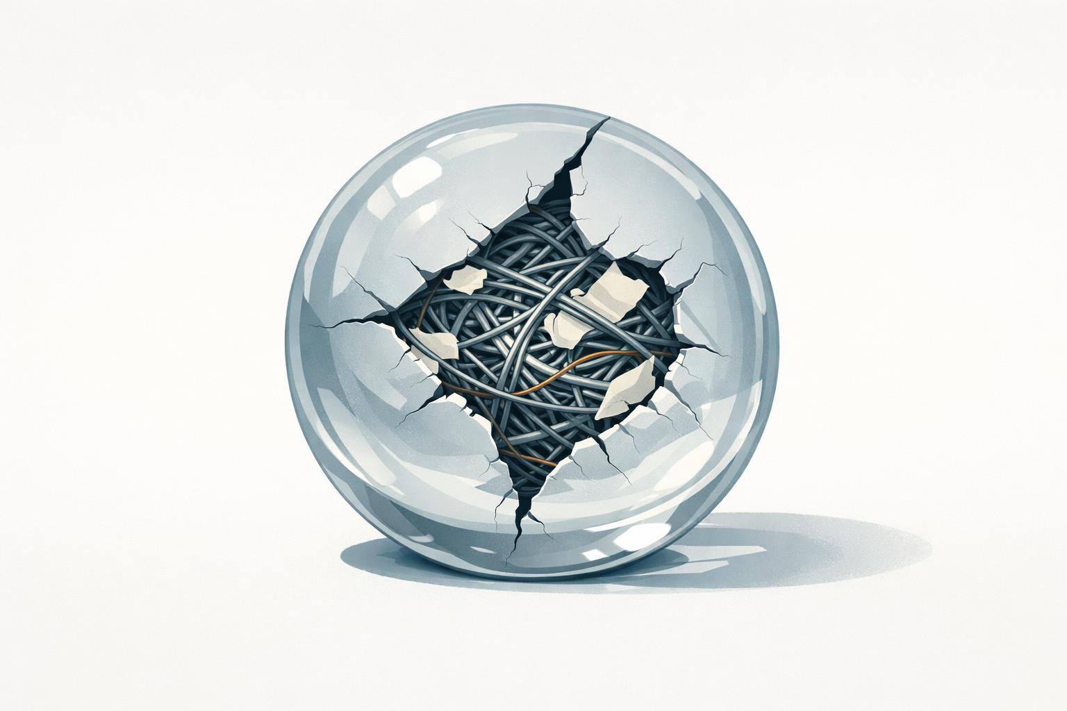 Polished AI output hiding a cracked core of tangled wires and paper scraps underneath