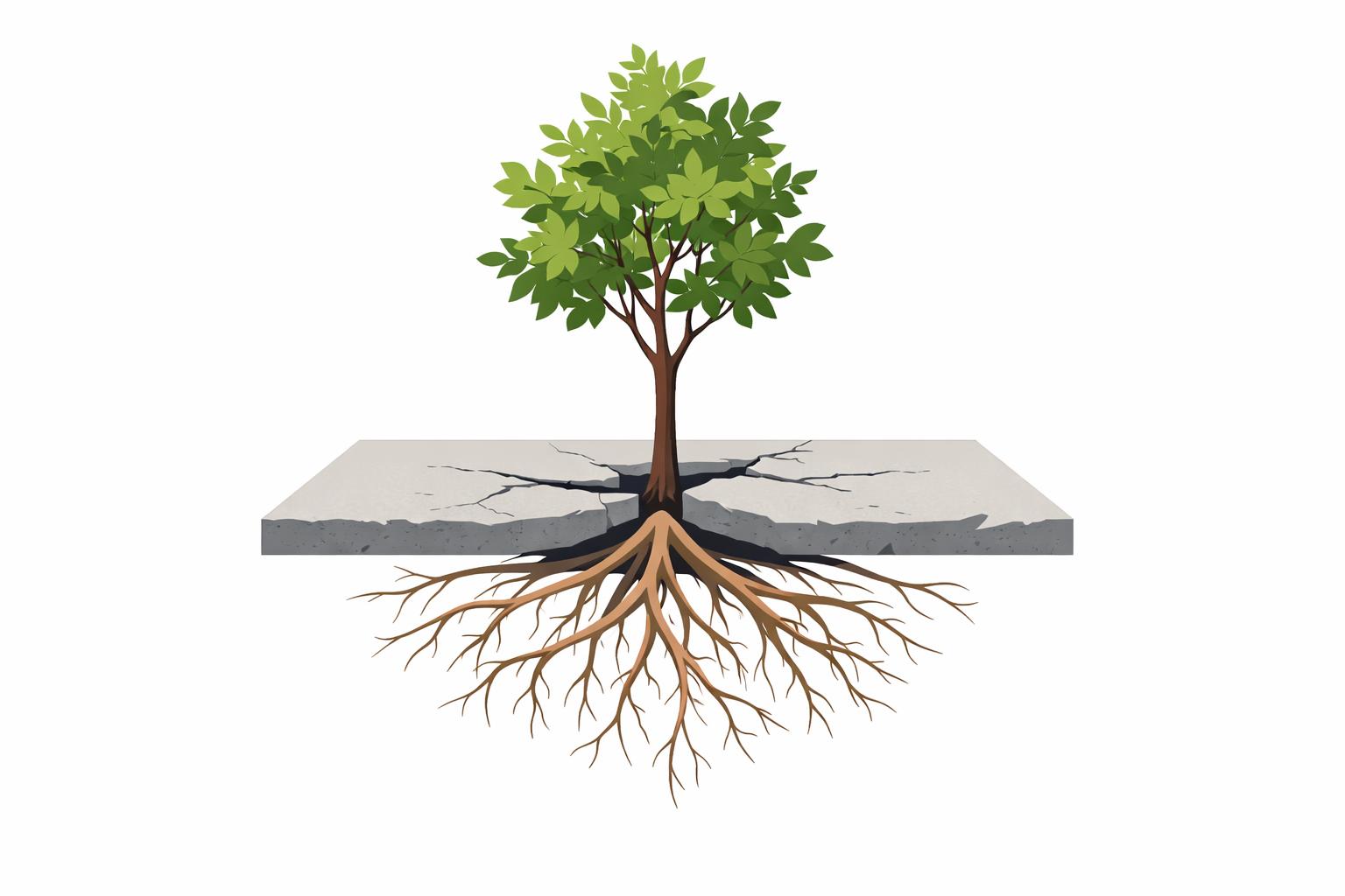 Young tree growing through cracked concrete with visible roots, symbolizing AI adoption taking root after rollout