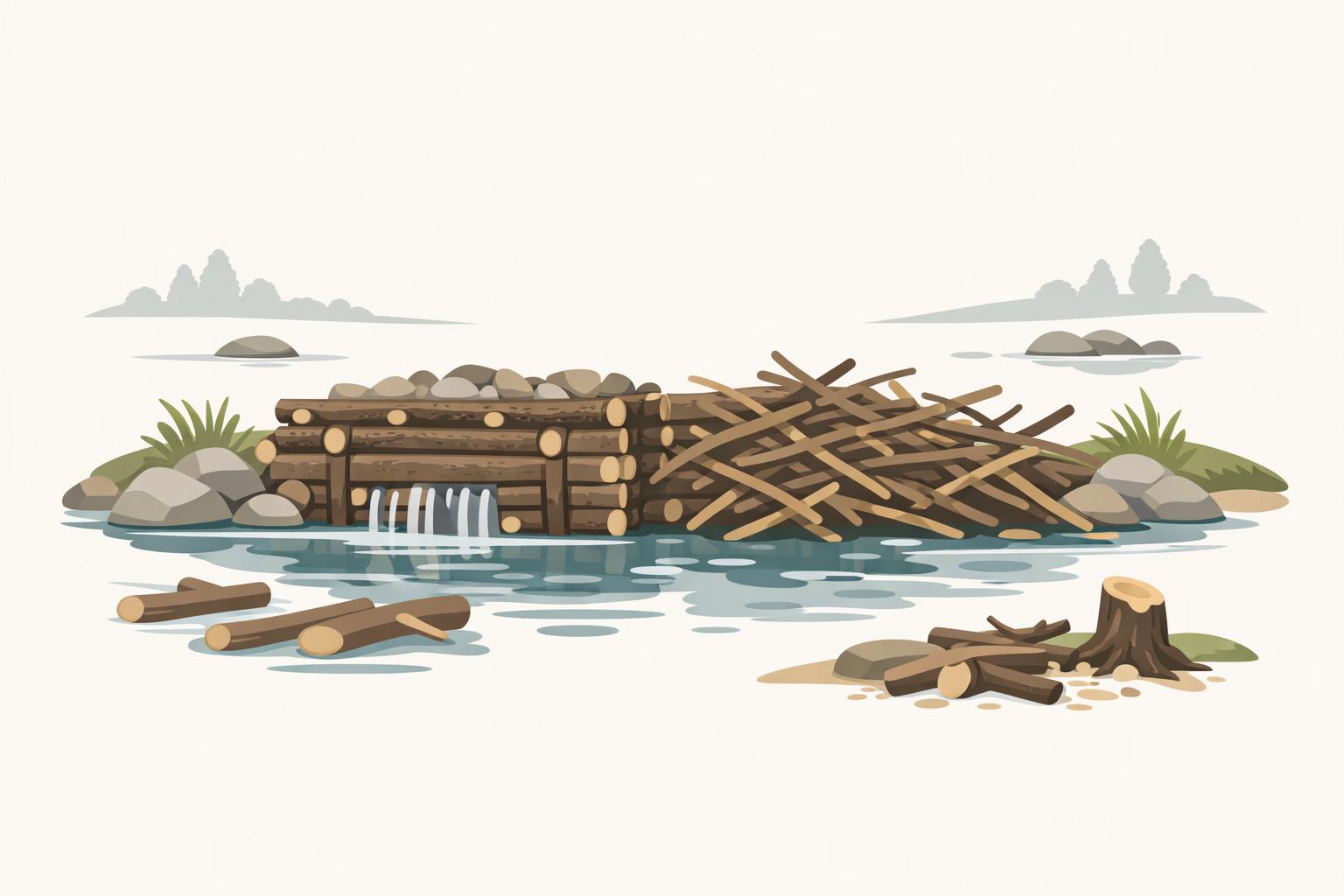 Beaver dam under construction showing one reinforced section and unfinished branches, symbolizing early AI adoption becoming a repeatable system