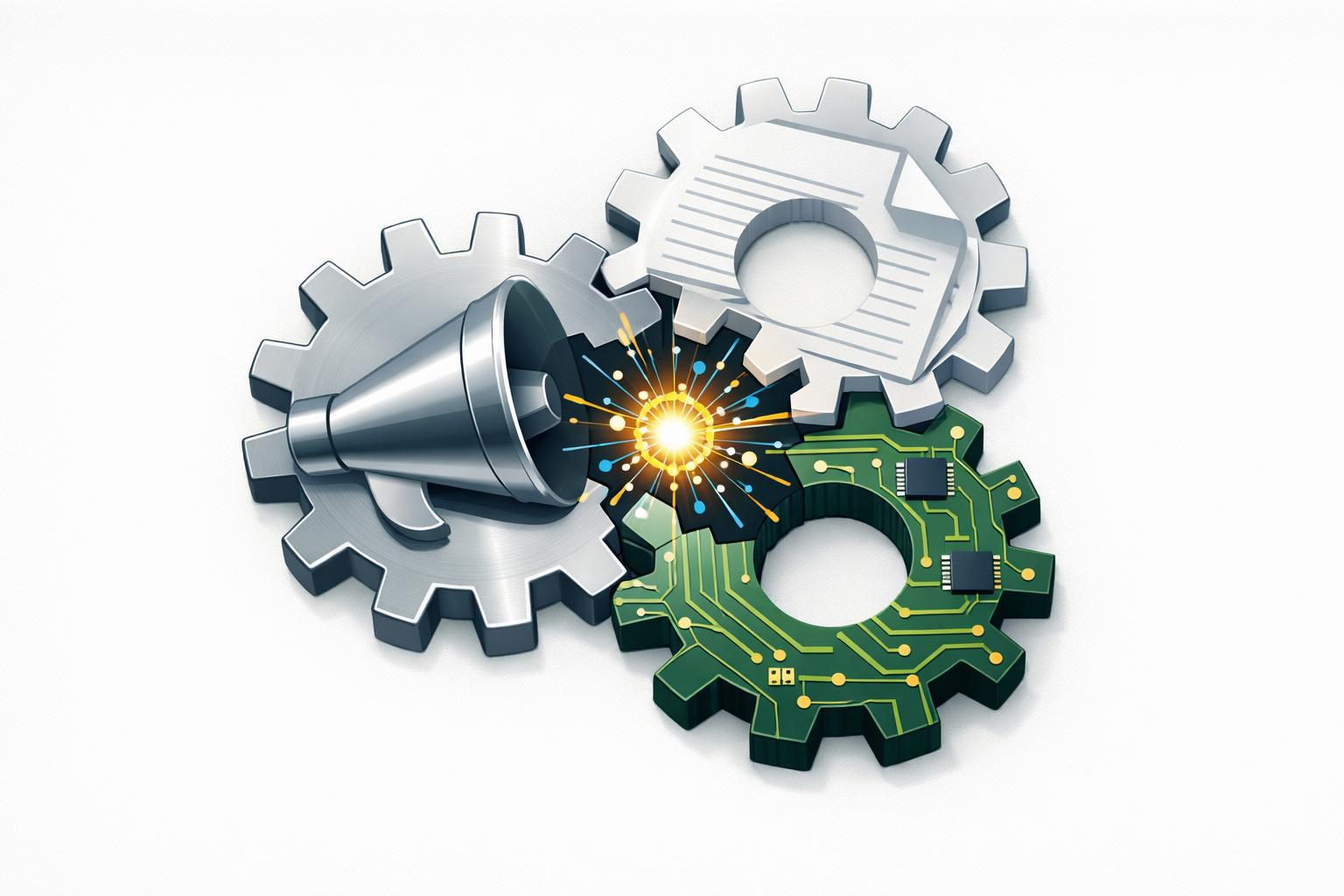 Interlocking marketing, HR, and engineering gears around a central AI spark in a mixed-team hackathon