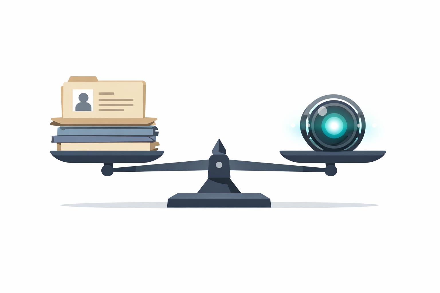 Precision scale balancing candidate folders and an AI lens for pay-per-candidate review hiring