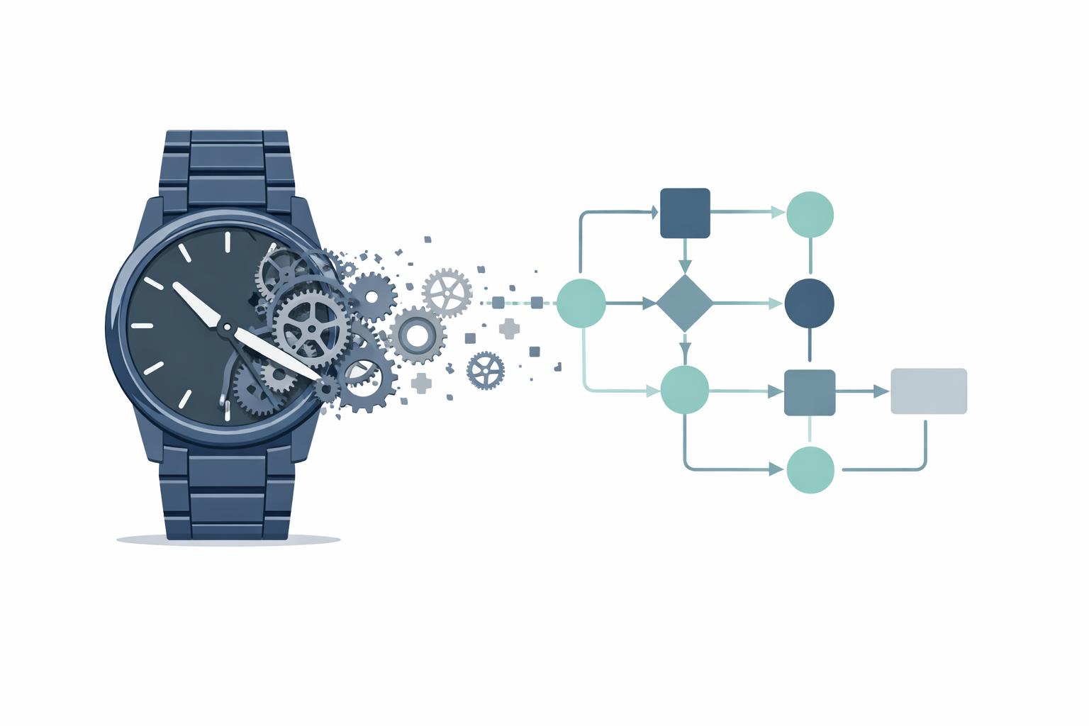 Swiss watch gears transforming into linked workflow nodes, symbolizing rapid AI adoption becoming coordinated repeatable work