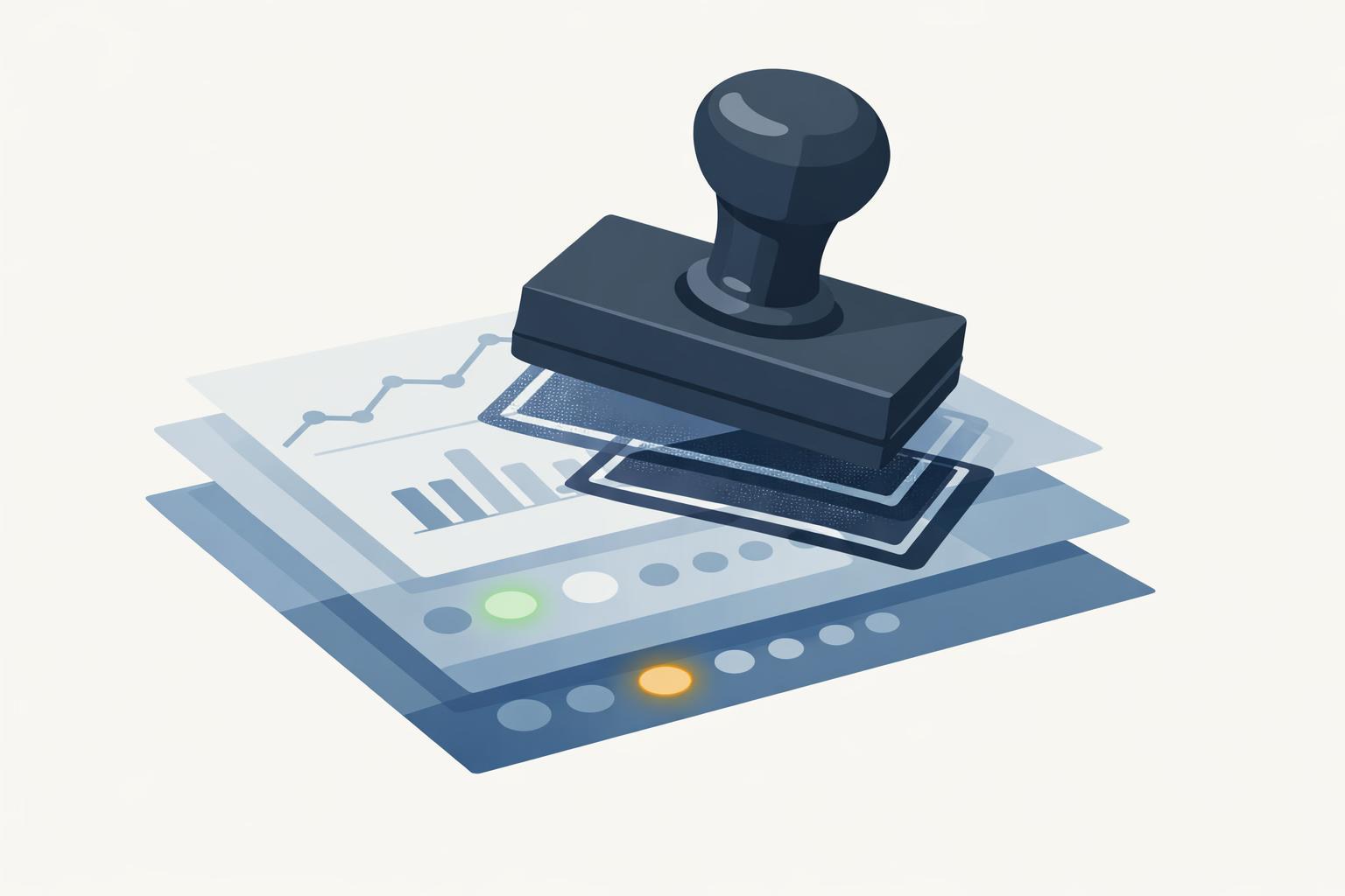 rubber stamp marking a second AI adoption audit on layered dashboard panels with uneven champion pockets