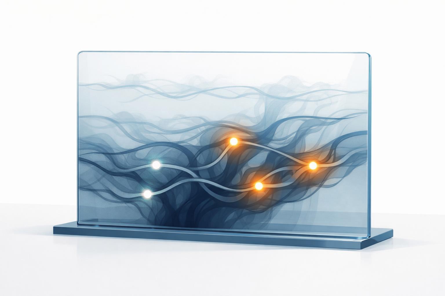 transparent glass dashboard showing deep and shallow ai workflow adoption with glowing champion nodes
