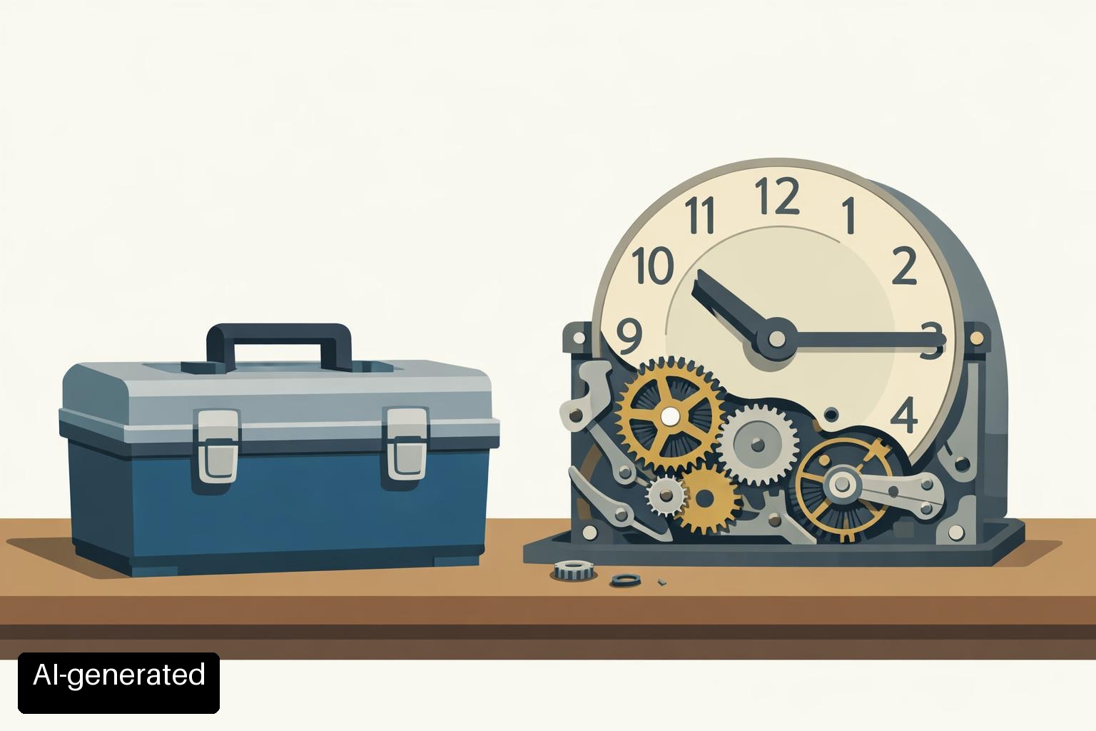 Unopened toolbox beside a stalled clock mechanism, symbolizing AI licenses without practical workflow adoption (AI-generated)