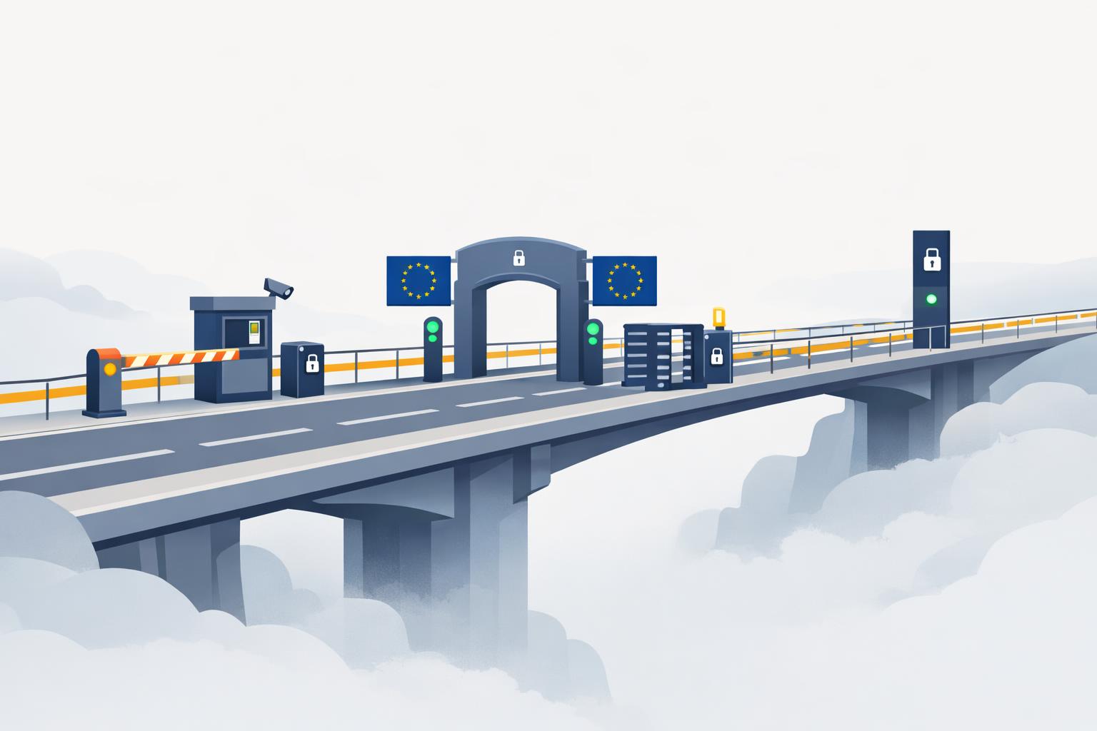 Secure bridge with guardrails and checkpoints symbolizing safe EU AI adoption through compliance risks