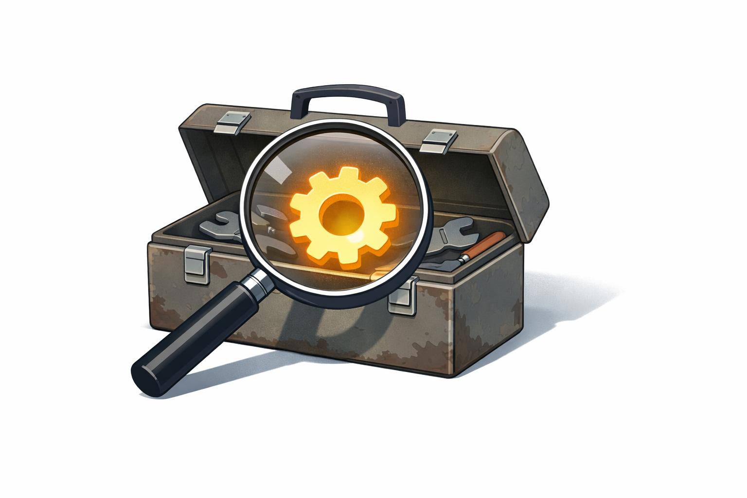 Skills interview verifying real AI capability with a magnifying glass over a toolbox and glowing gear