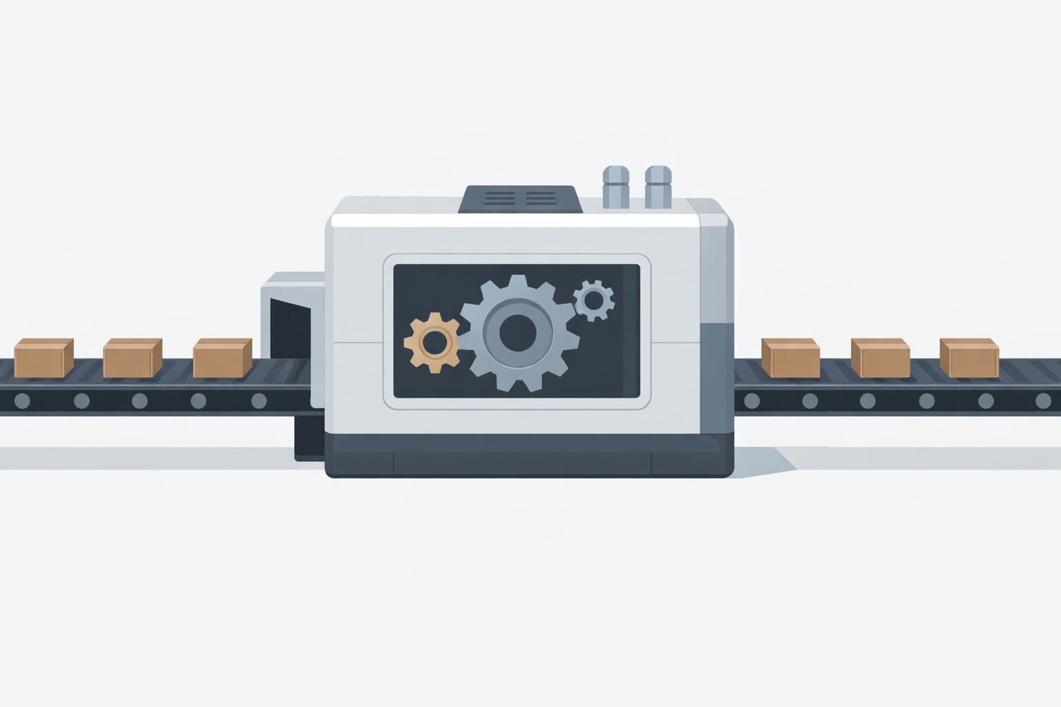factory conveyor feeding a machine while output stays unchanged, showing AI rollout without workflow adoption