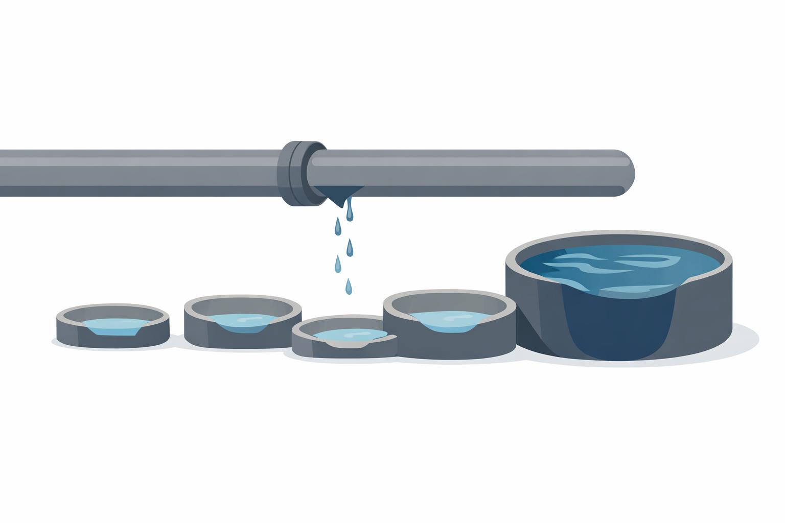 Leaky pipeline feeding uneven AI adoption reservoirs, with one deep basin absorbing most investment