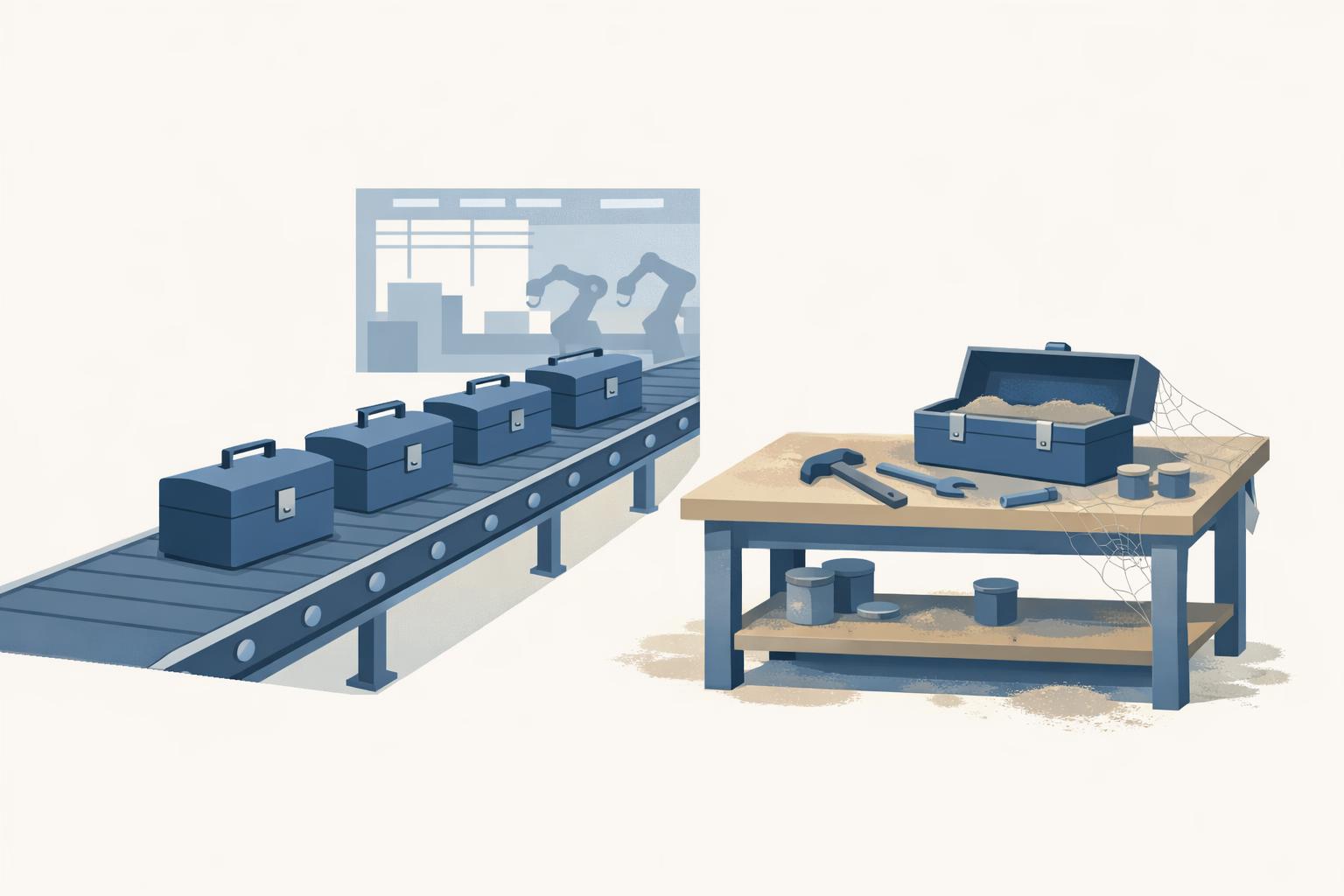 AI licences on a conveyor belt while the workbench stays dusty, showing rollout without workflow change