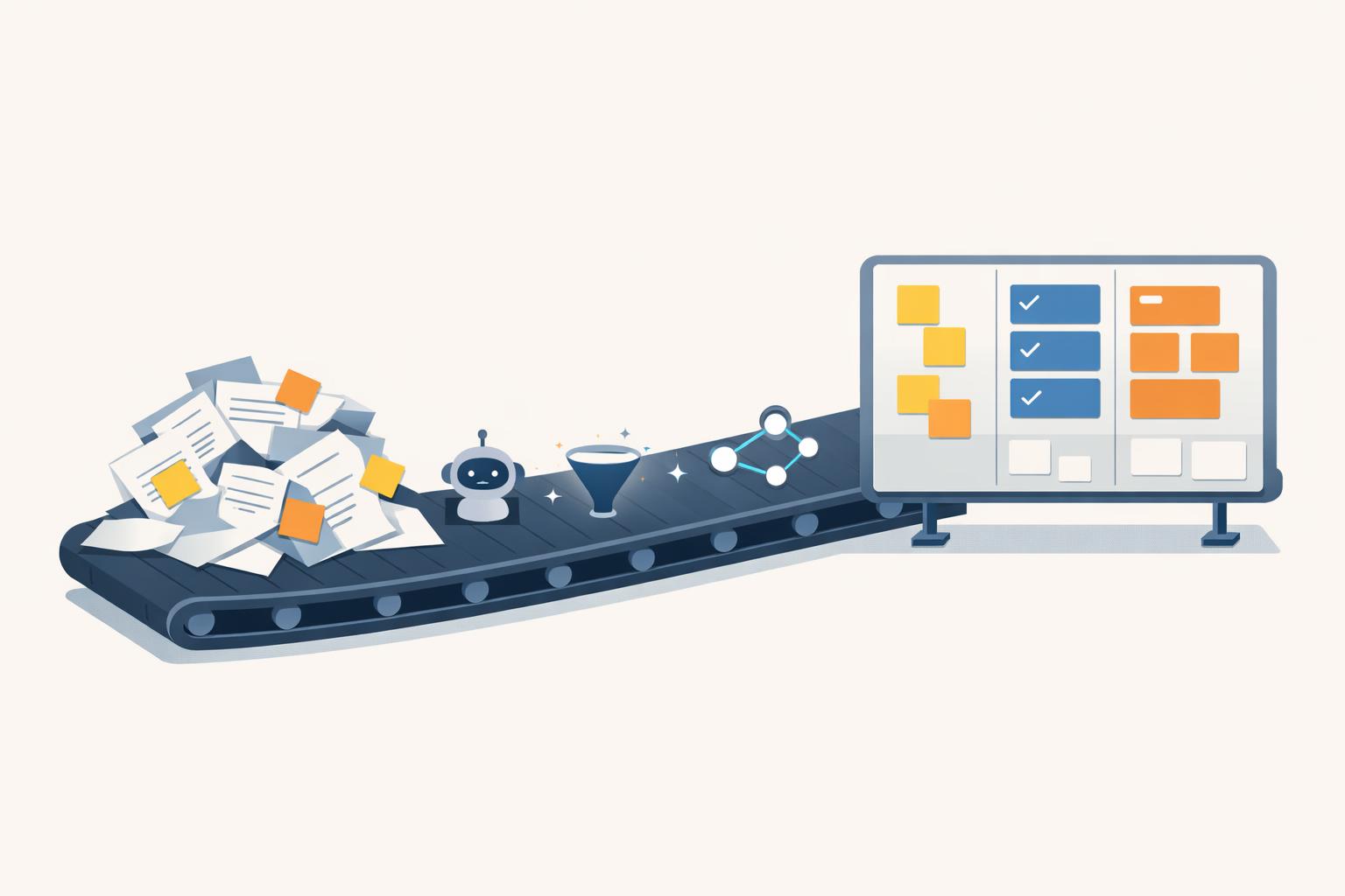 Messy HR forms transformed into a streamlined workflow board by AI-assisted process automation
