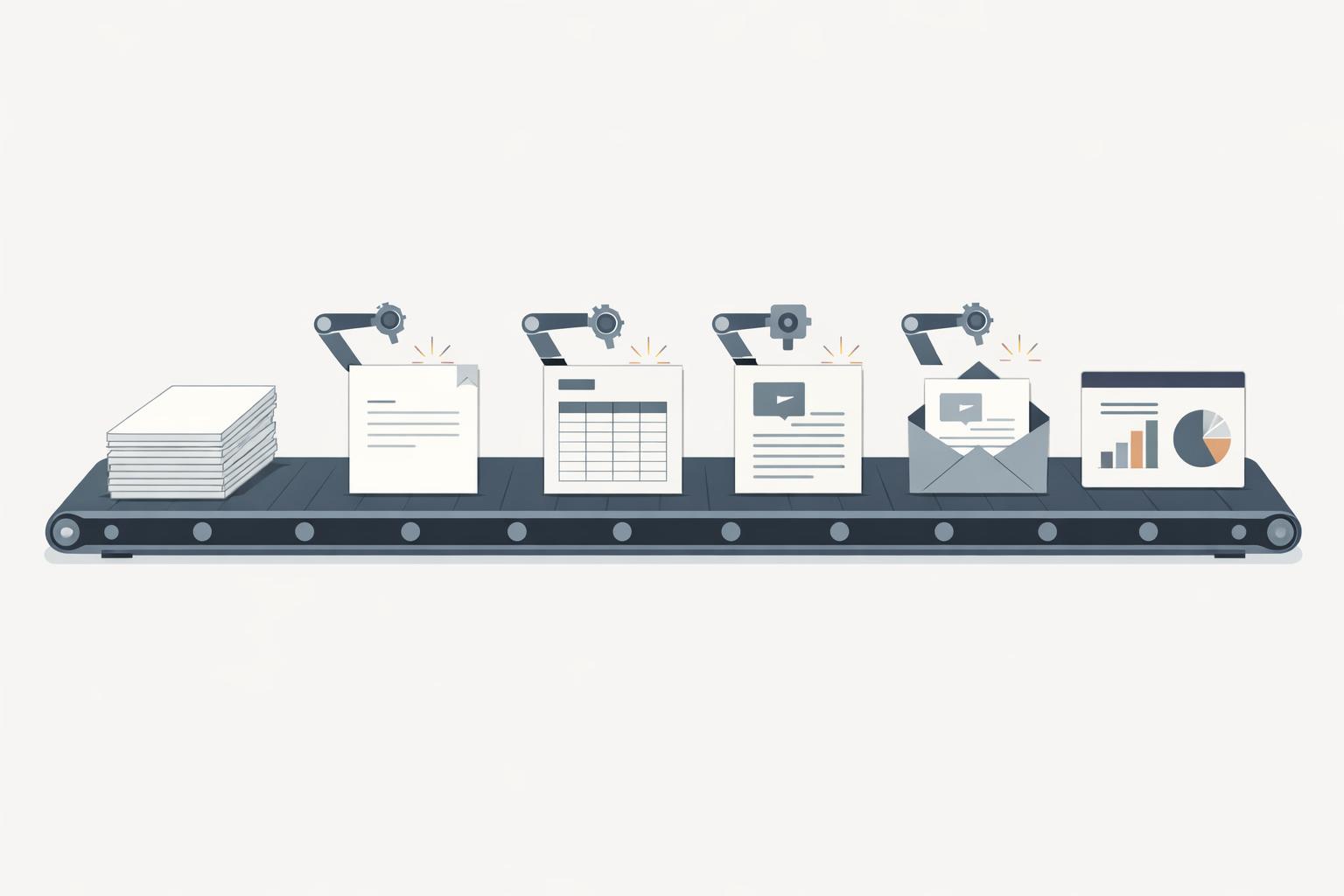 Conveyor belt turning blank paper into memo, spreadsheet, briefing, customer reply, and slide deck for AI workflows