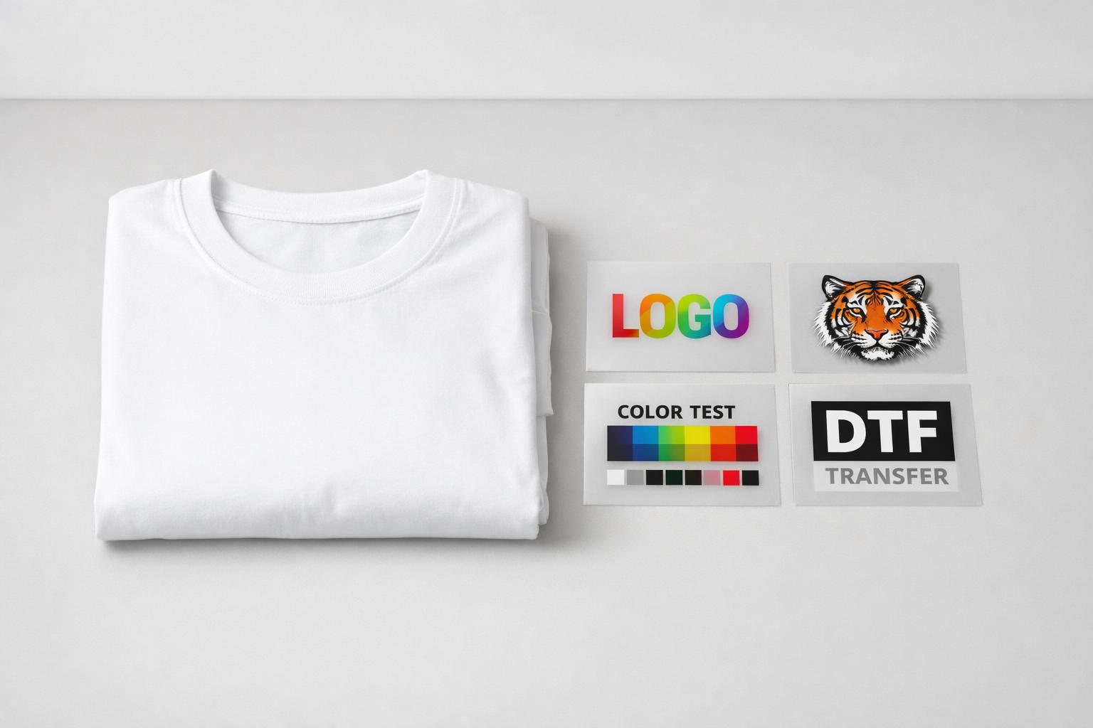 Musterpaket mit DTF-Transferproben neben gefaltetem T-Shirt zur Qualitätsprüfung vor der Produktion