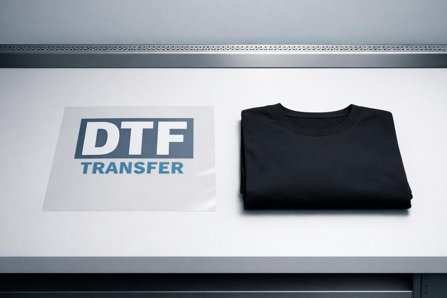 Professionelle DTF-Transferfolie neben sauber gefaltetem schwarzen T-Shirt für reproduzierbaren B2B-Workflow