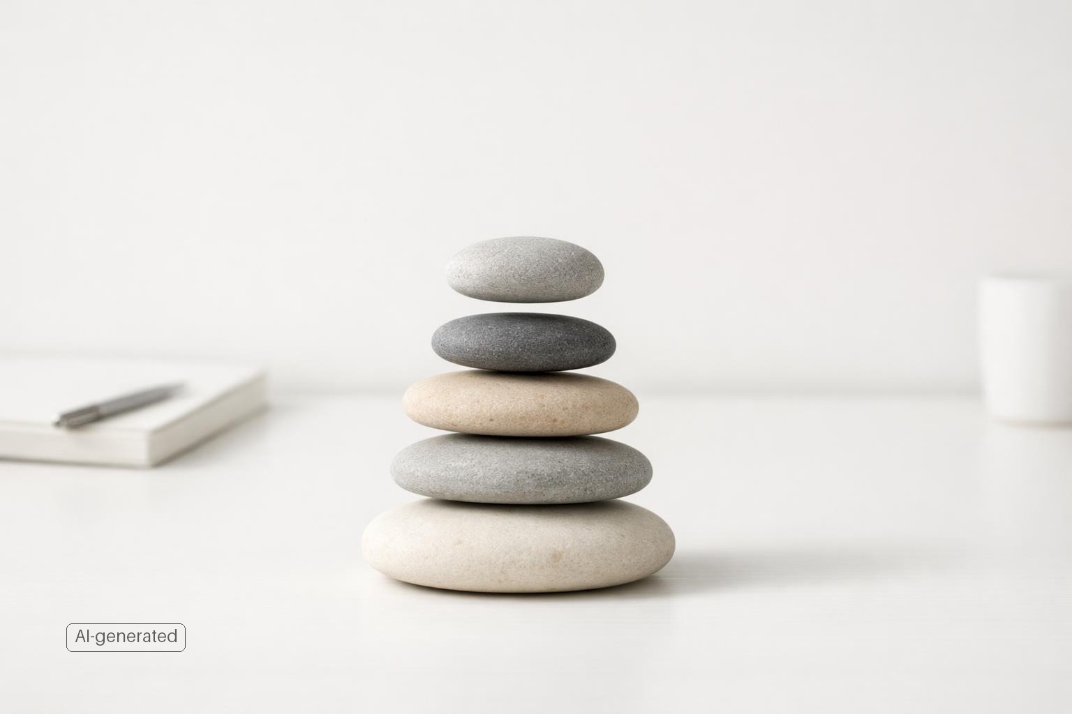 Balanced stack of stones on a desk symbolizing calm control over heavy task load (AI-generated)