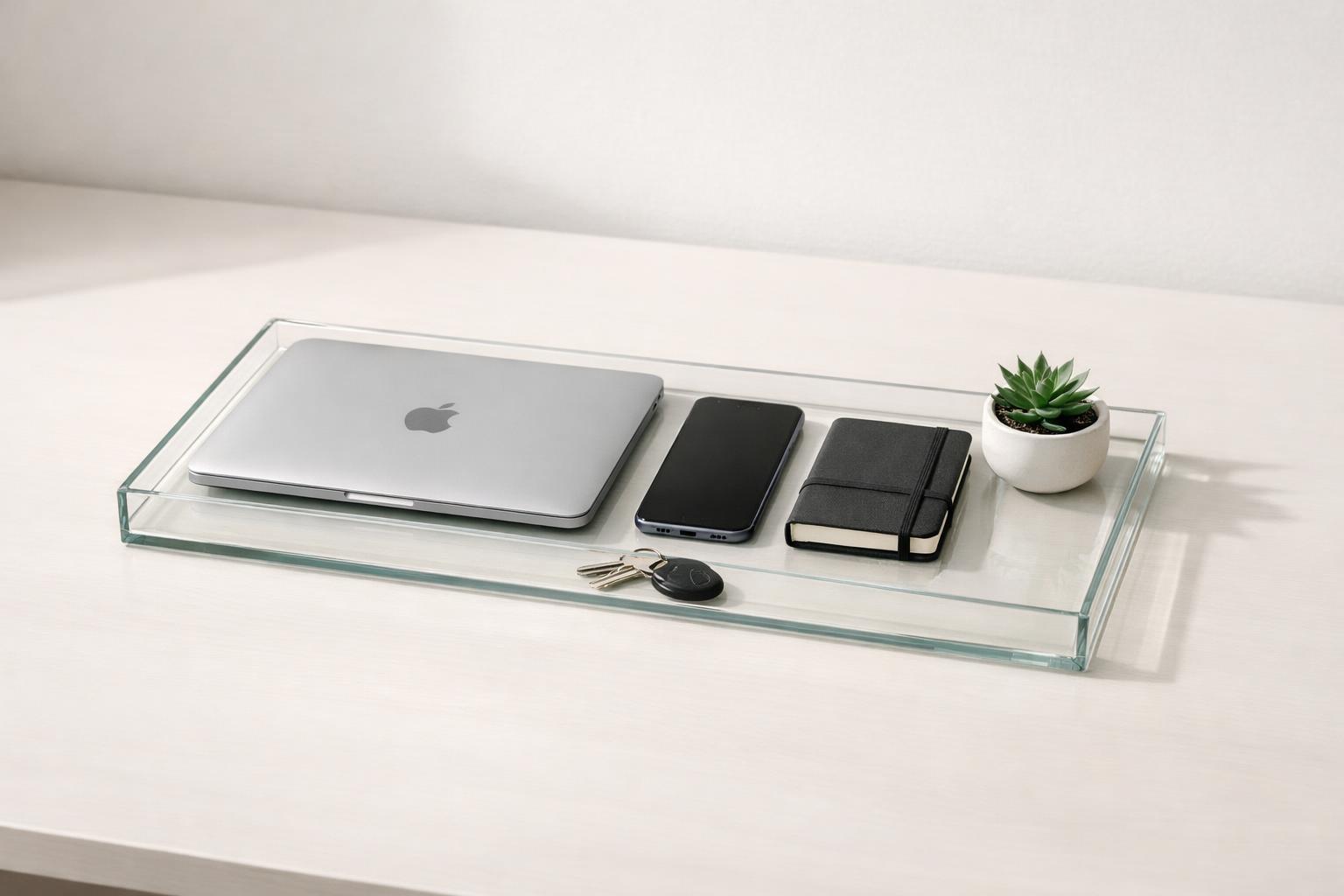 Unified life management setup with laptop, phone, notebook, keys, and plant on a calm desk