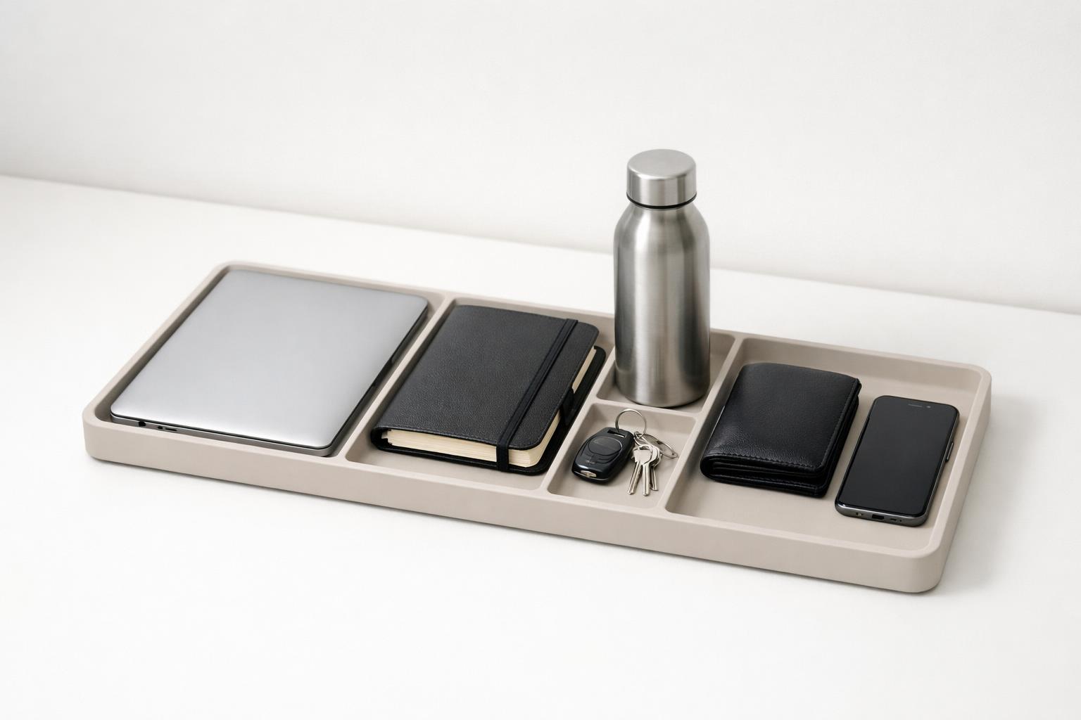 Organized desk tray with work, health, and personal essentials in one life management system