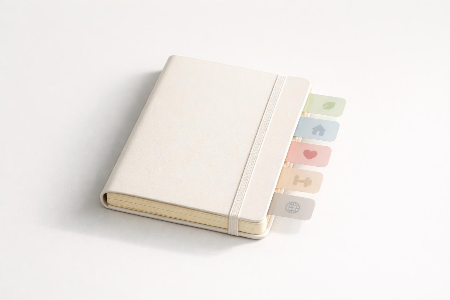 All-in-one life planner notebook with tabs for work, health, finances, and relationships