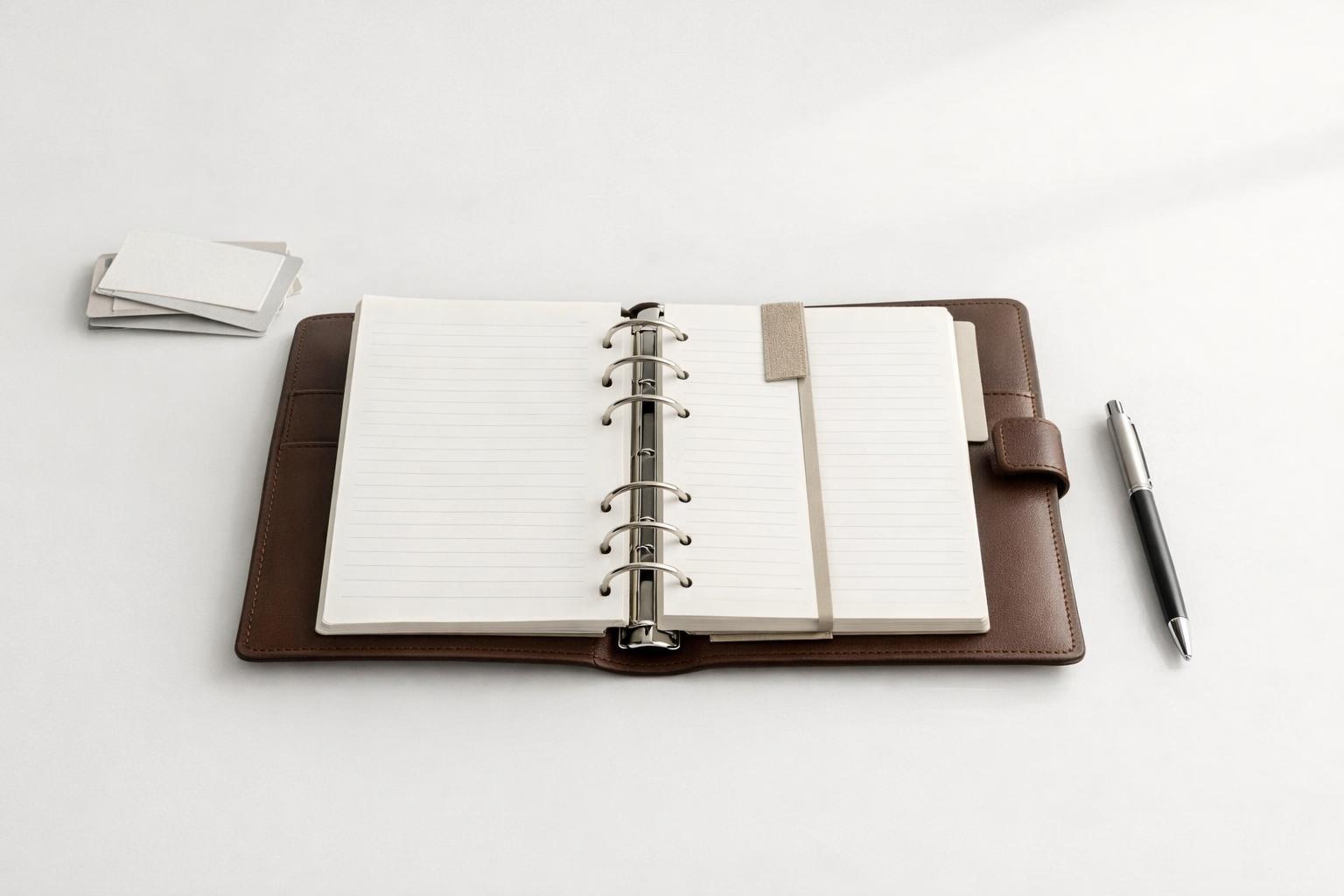 single leather planner open on a desk with cards and pen, showing one system for work and personal tasks