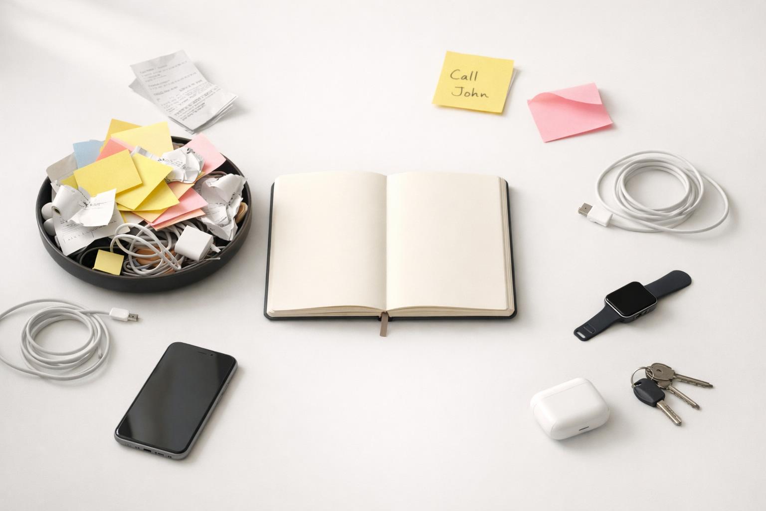 Scattered sticky notes, receipts, and devices around one empty notebook, showing fragmented life management chaos