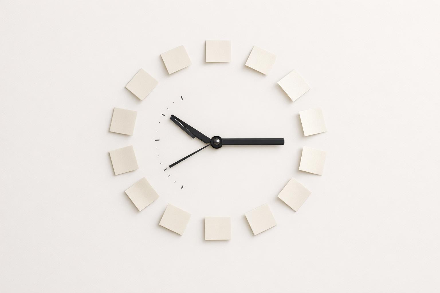 A wall clock with evenly spaced reminder notes orbiting its face, showing a reliable beginner reminder system