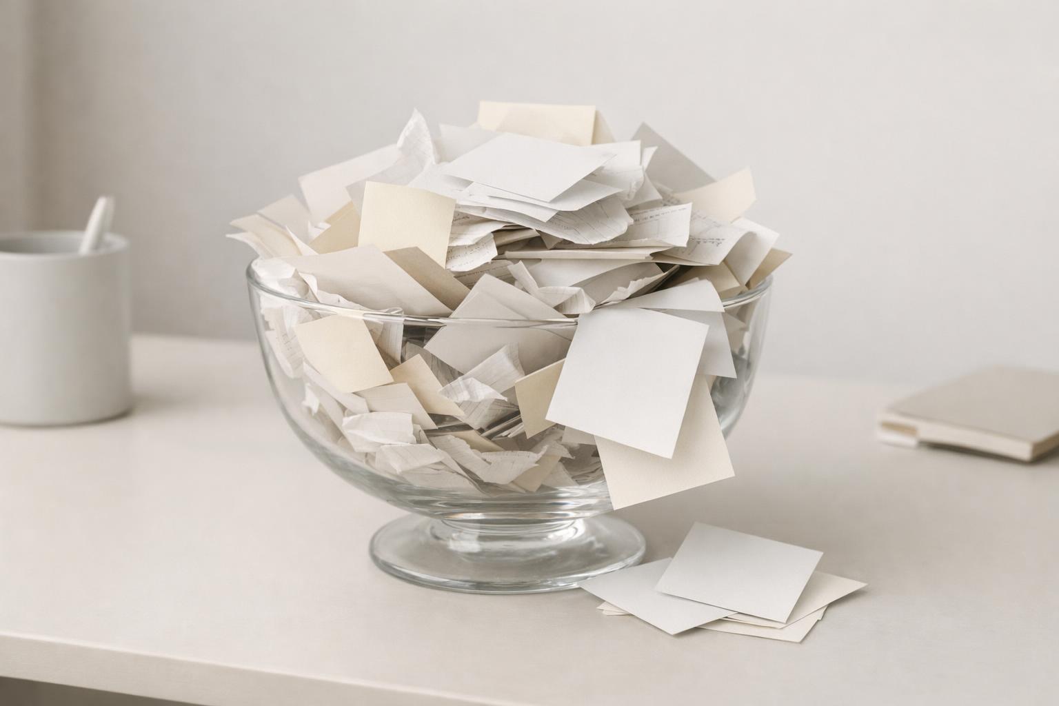 Centralized task bowl overflowing with tangled notes, receipts, and task cards, showing cluttered organization pitfalls