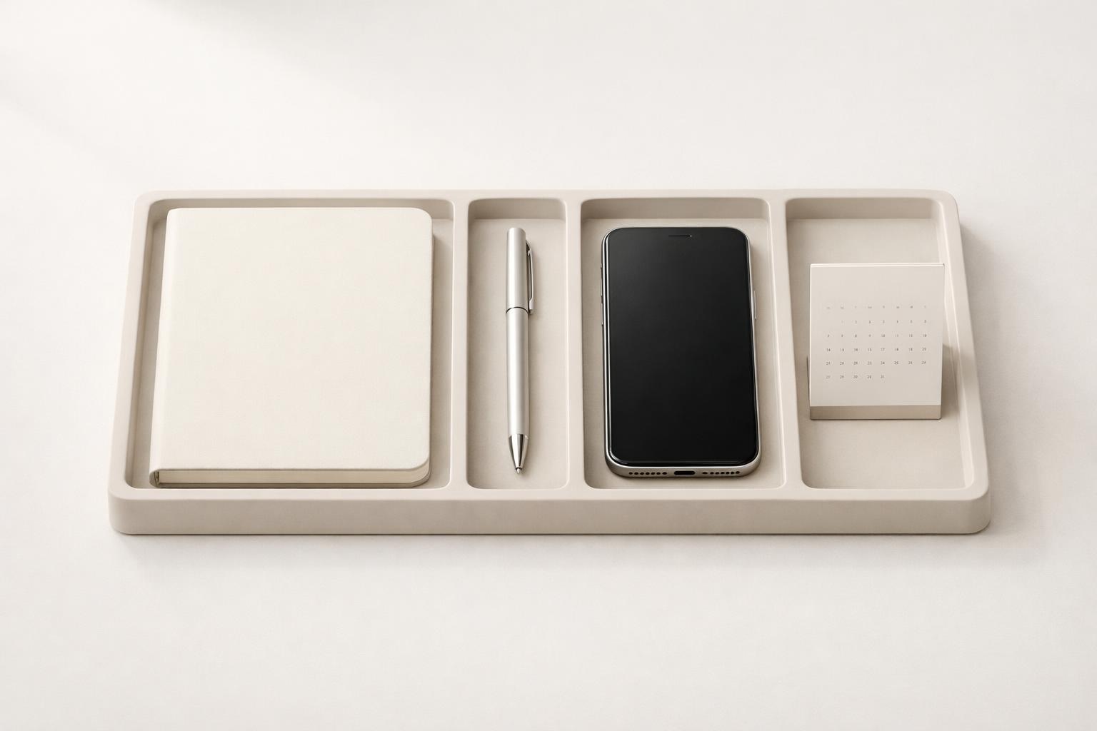 Neatly organized desk tray with notebook, pen, phone, and calendar card for a calm planning system