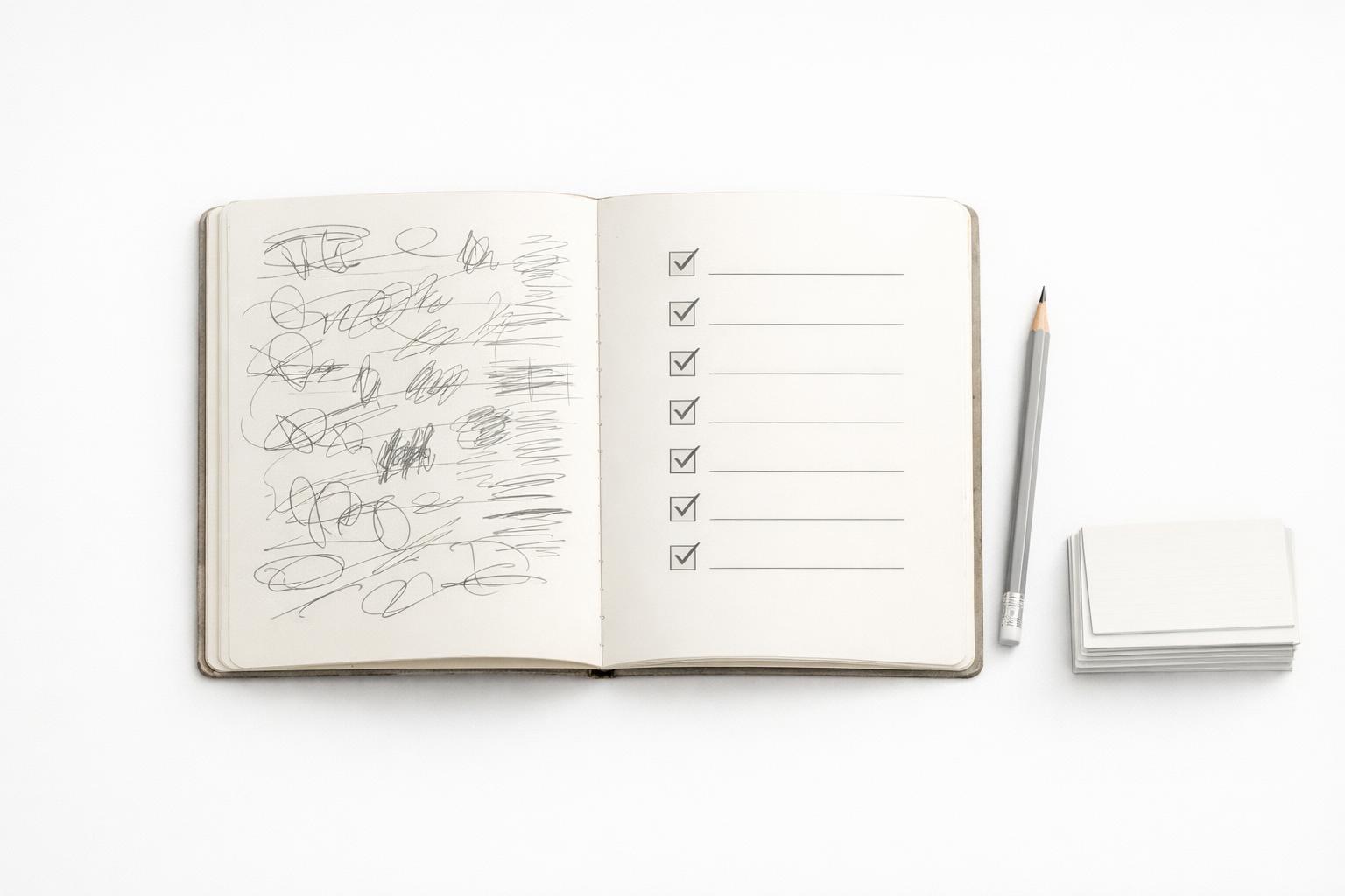 Messy notebook notes transforming into a clear actionable task checklist for busy professionals
