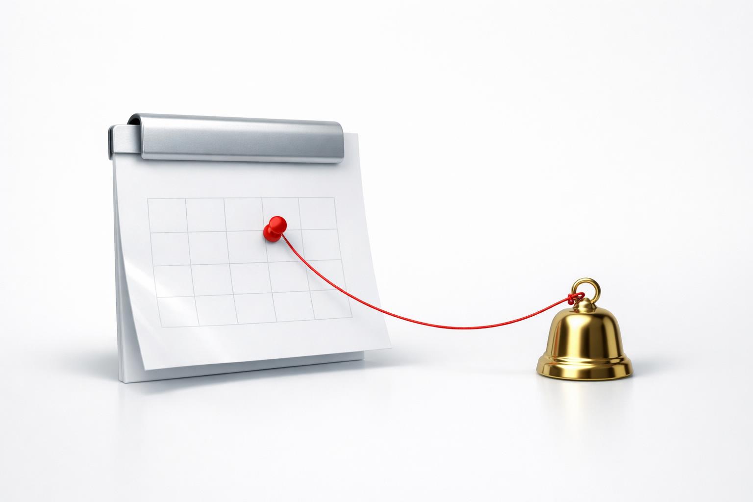Paper calendar page pinned to a brass bell, symbolizing an important due date reminder