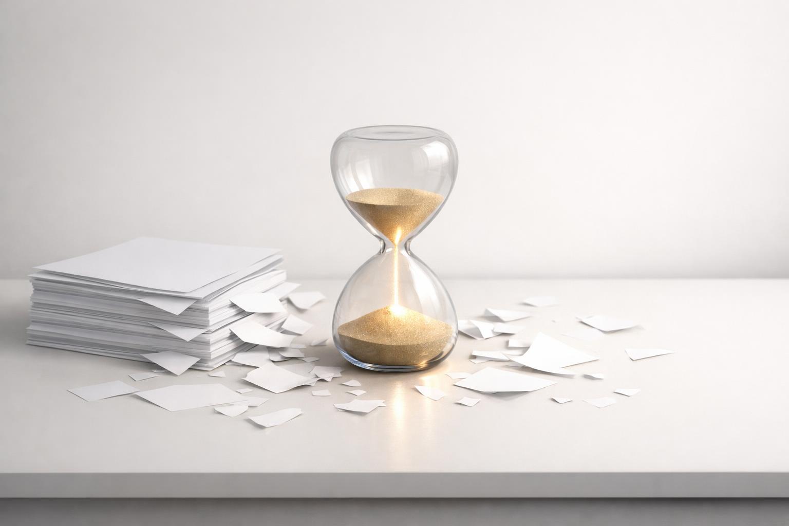 Focused work routine collapsing as papers scatter around an hourglass, symbolizing constant interruptions disrupting deep work