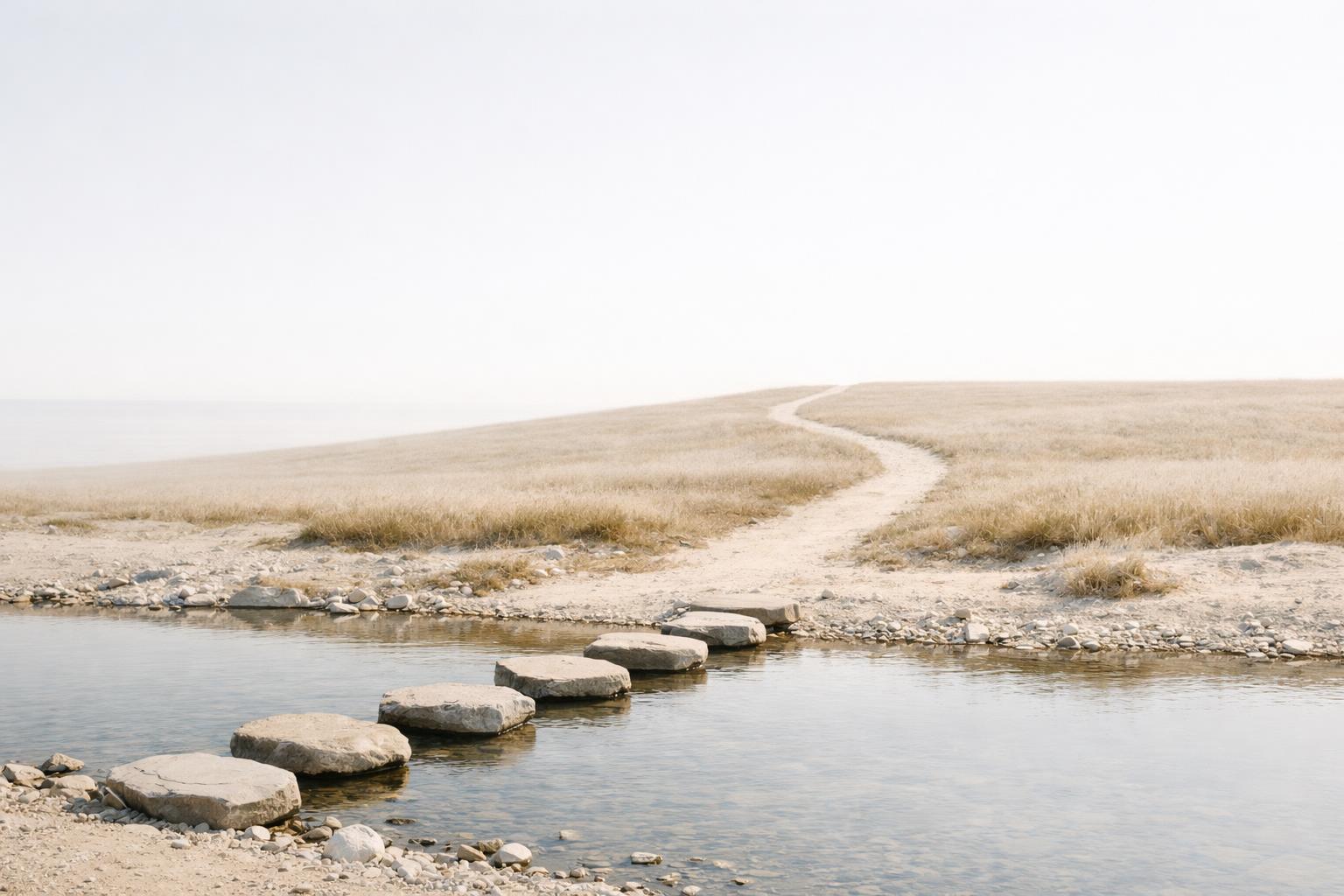 A stepping-stone path across a stream symbolizing habit consistency and easy recovery after missed steps