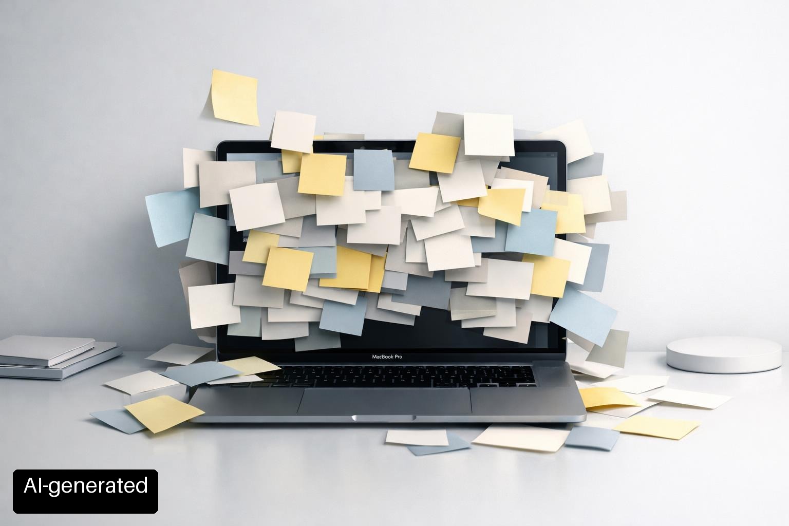 MacBook Pro overwhelmed by scattered task cards and overlapping windows, showing mental overload in project planning (AI-generated)