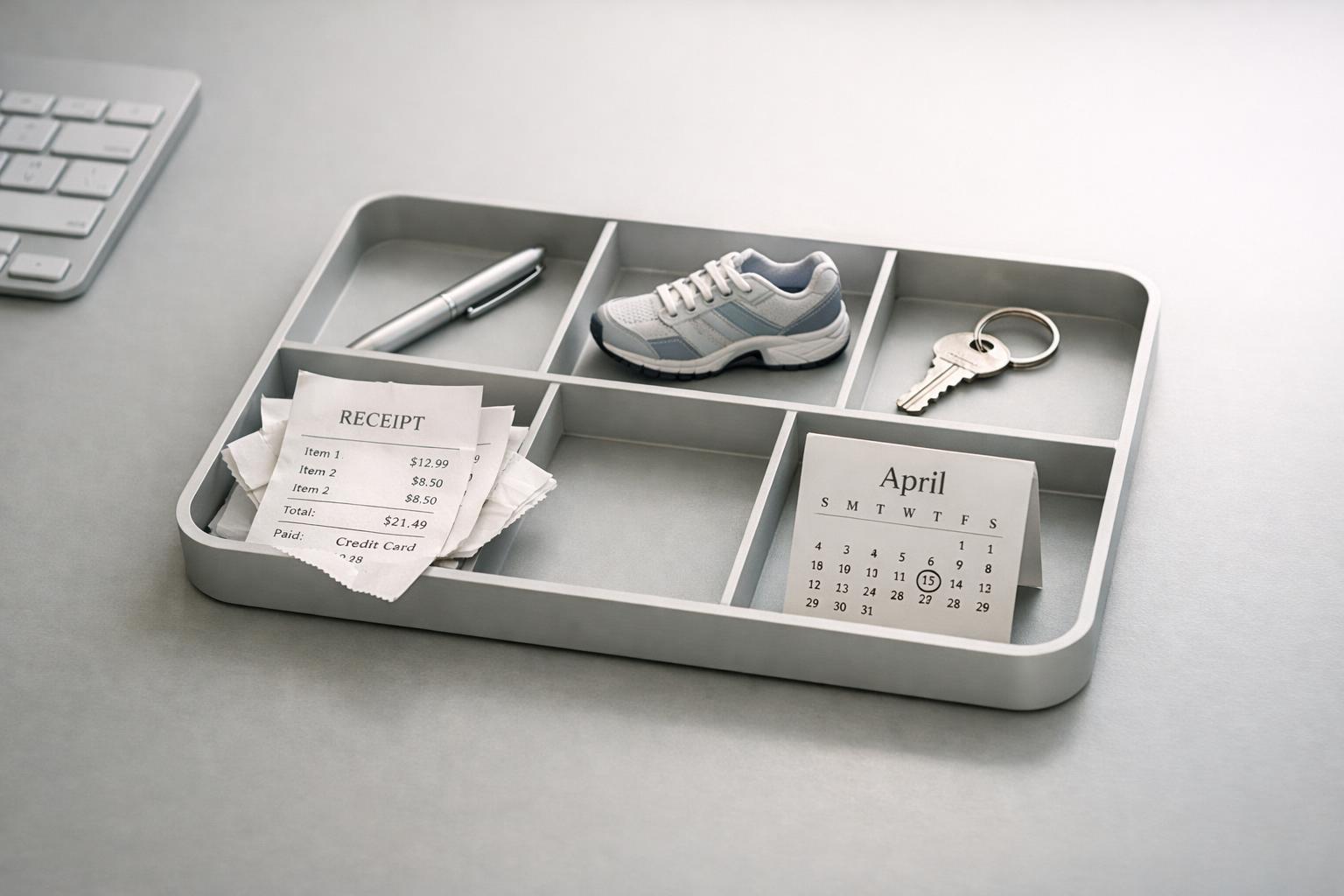 Mac desktop organizer tray with compartments for work, health, home, finances, and calendar tasks