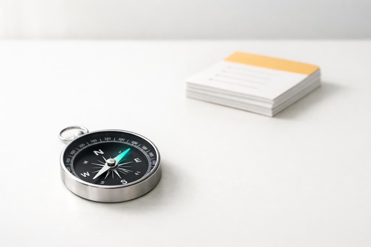 Compass pointing toward prioritized task cards on a clean desk, symbolizing motivation guiding follow-through on important work