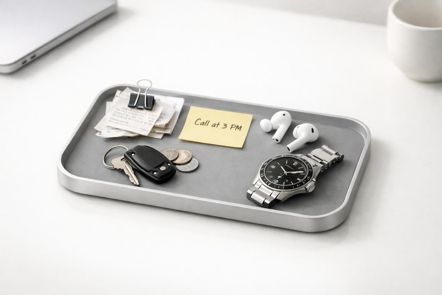Scattered notes, receipts, earbuds, keys, and watch gathered into one organized tray on a desk