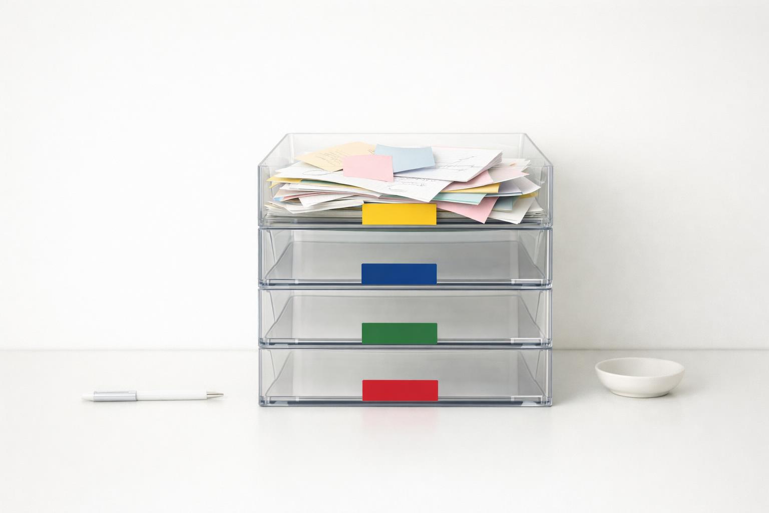 Balanced life area task checklist with one overflowing tray among organized folders