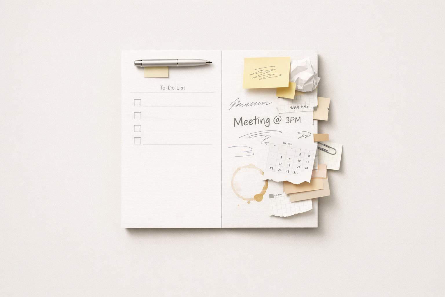 A divided notebook page showing personal goals on one side and overflowing professional priorities on the other