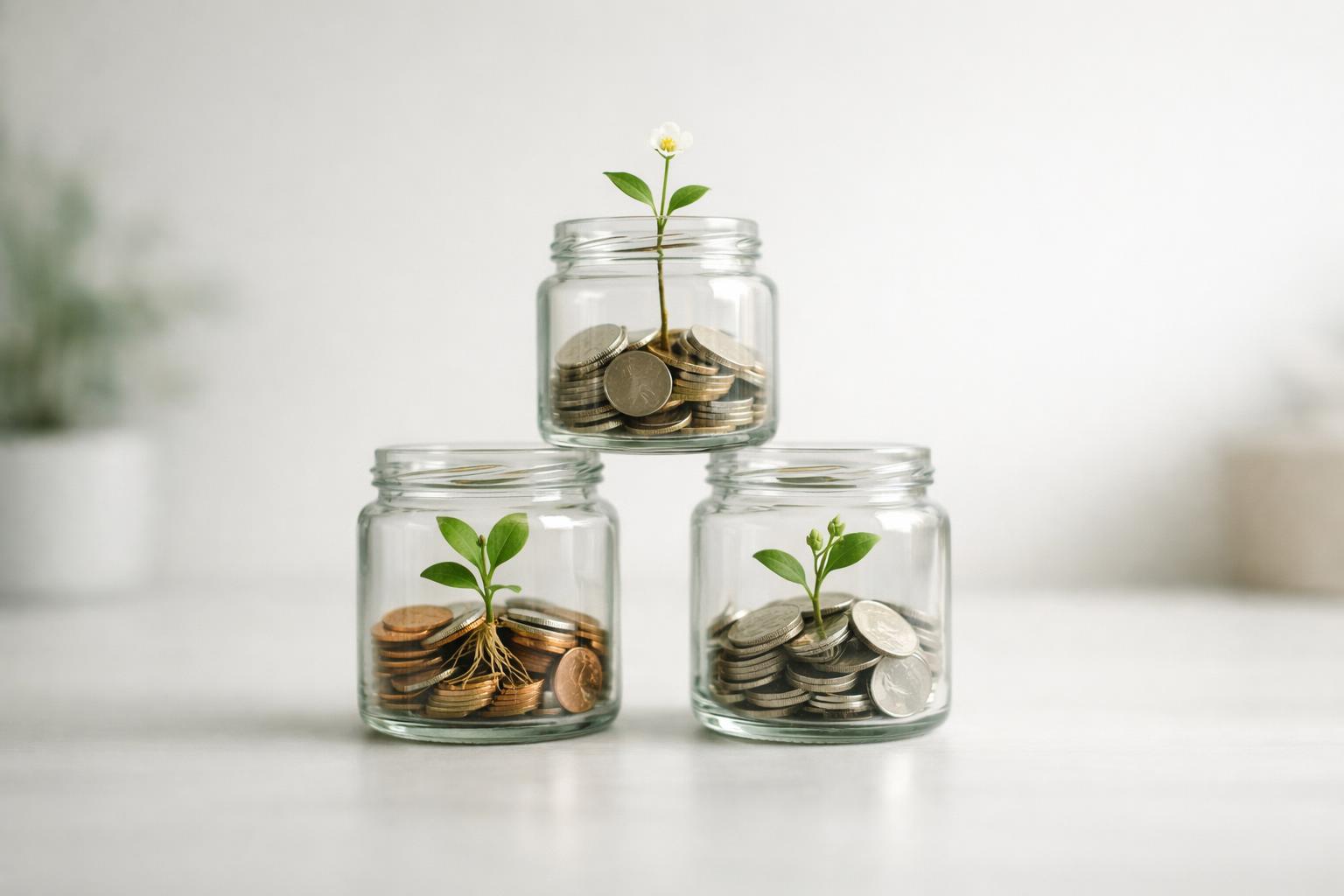 Glass jars with coins and growing plants representing budgets, savings goals, and long-term financial growth