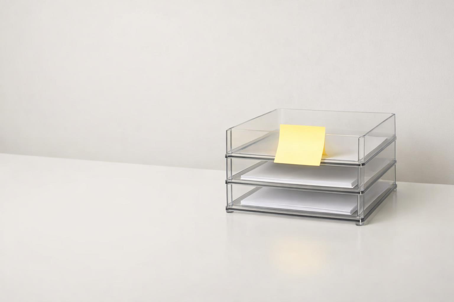 Single desk with stacked paper trays, one glowing sticky note indicating the next action to do next