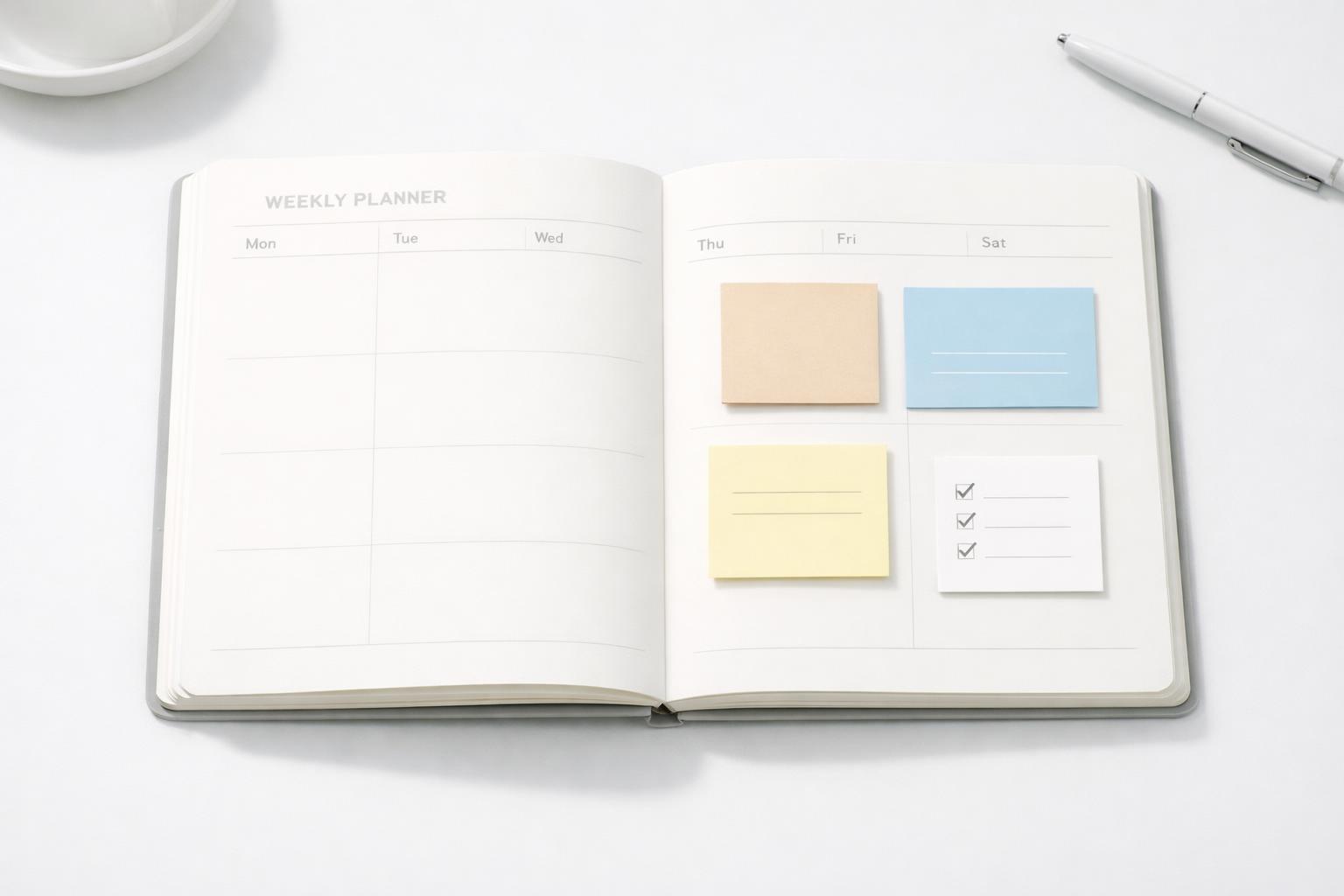 Open weekly planner with a calm, balanced schedule grid and mostly empty spaces reducing mental overload